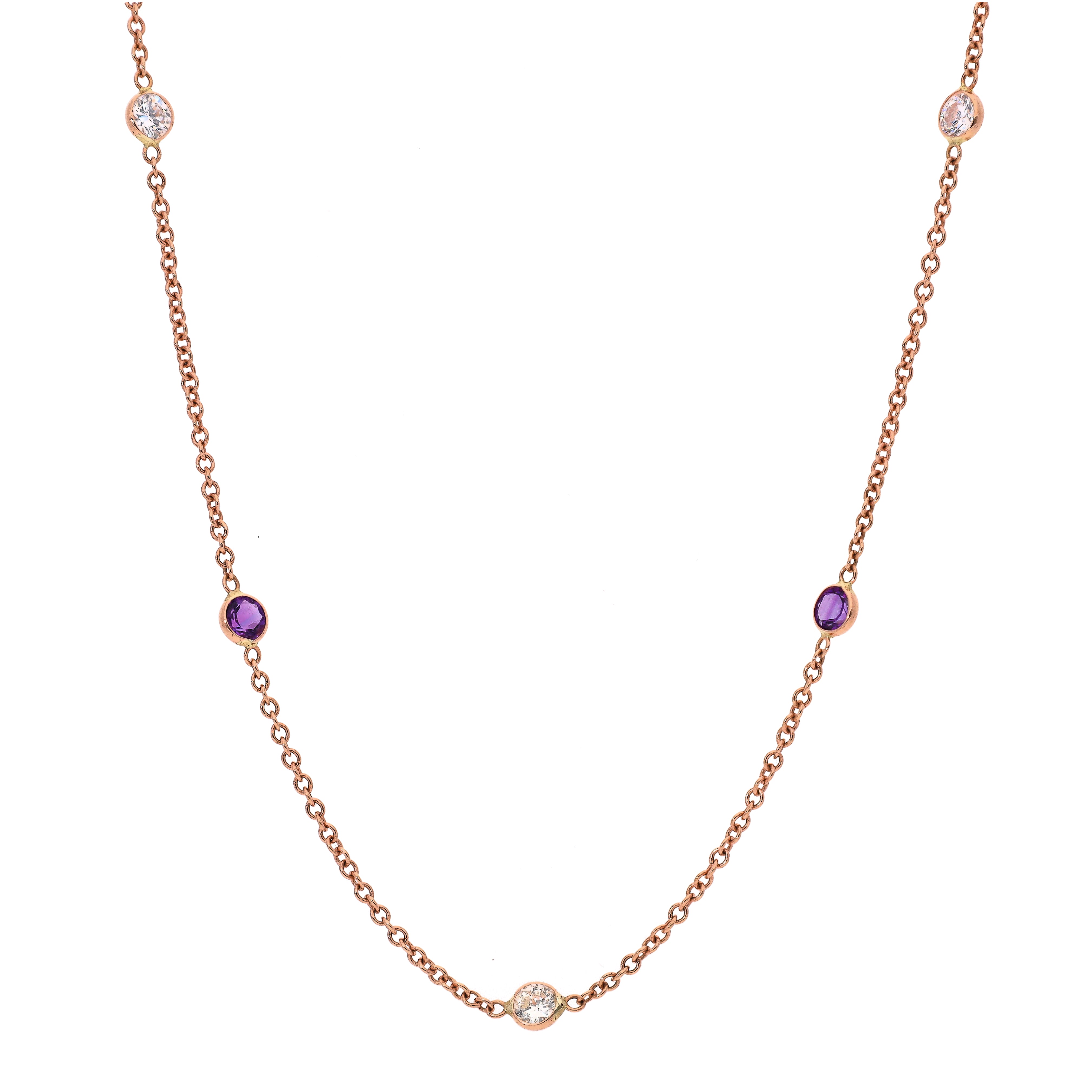 14K Rose Gold Amethyst and Diamond Station Necklace