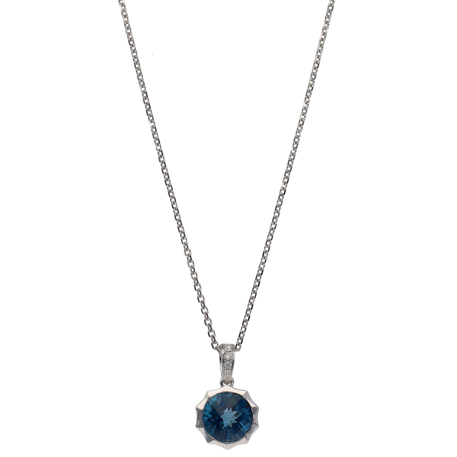 14K White Gold Faceted London Blue Topaz & Diamond Necklace