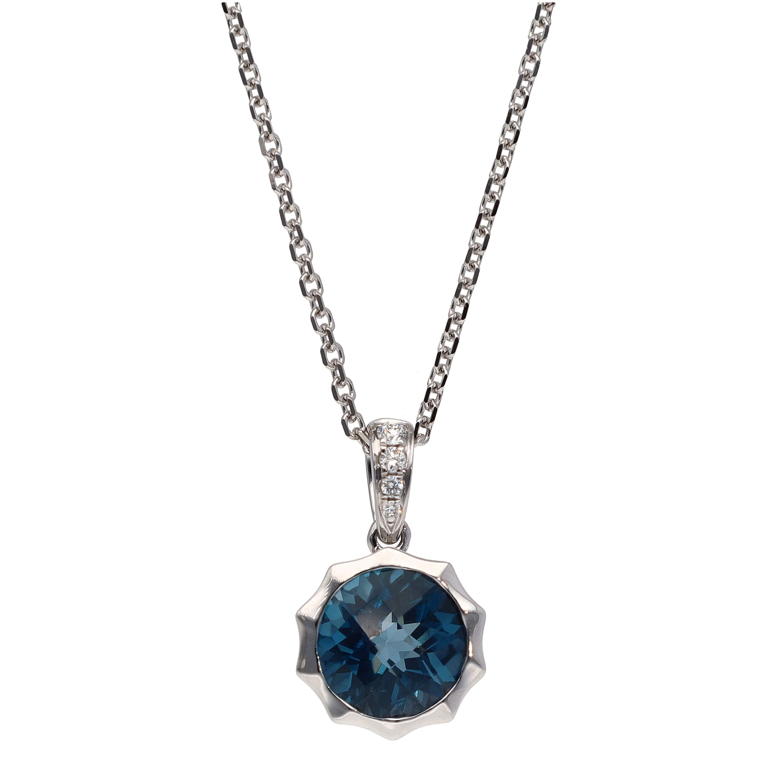 14K White Gold Faceted London Blue Topaz & Diamond Necklace