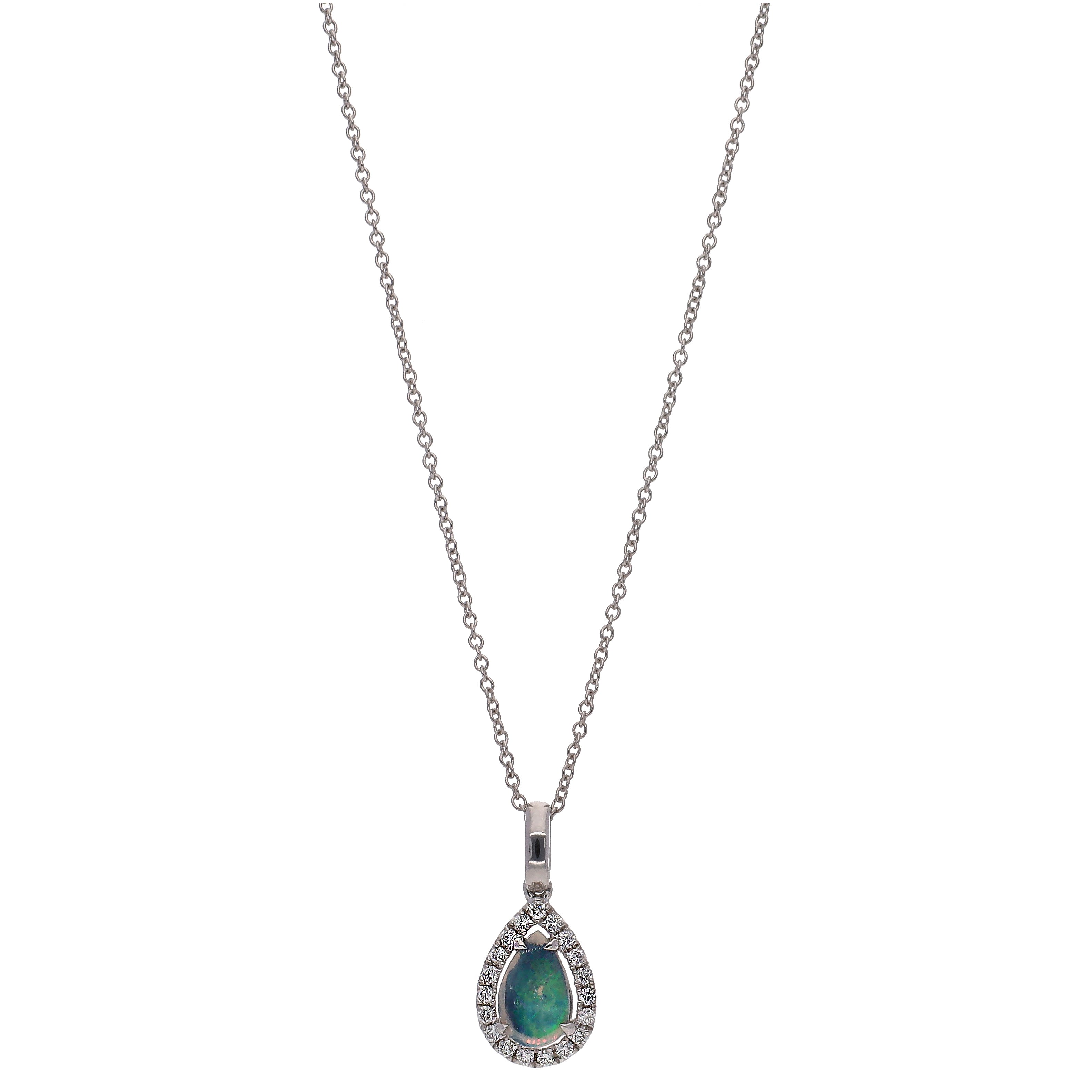 14K White Gold Pear Shaped Opal w/Diamond Halo Pendant 18" Necklace