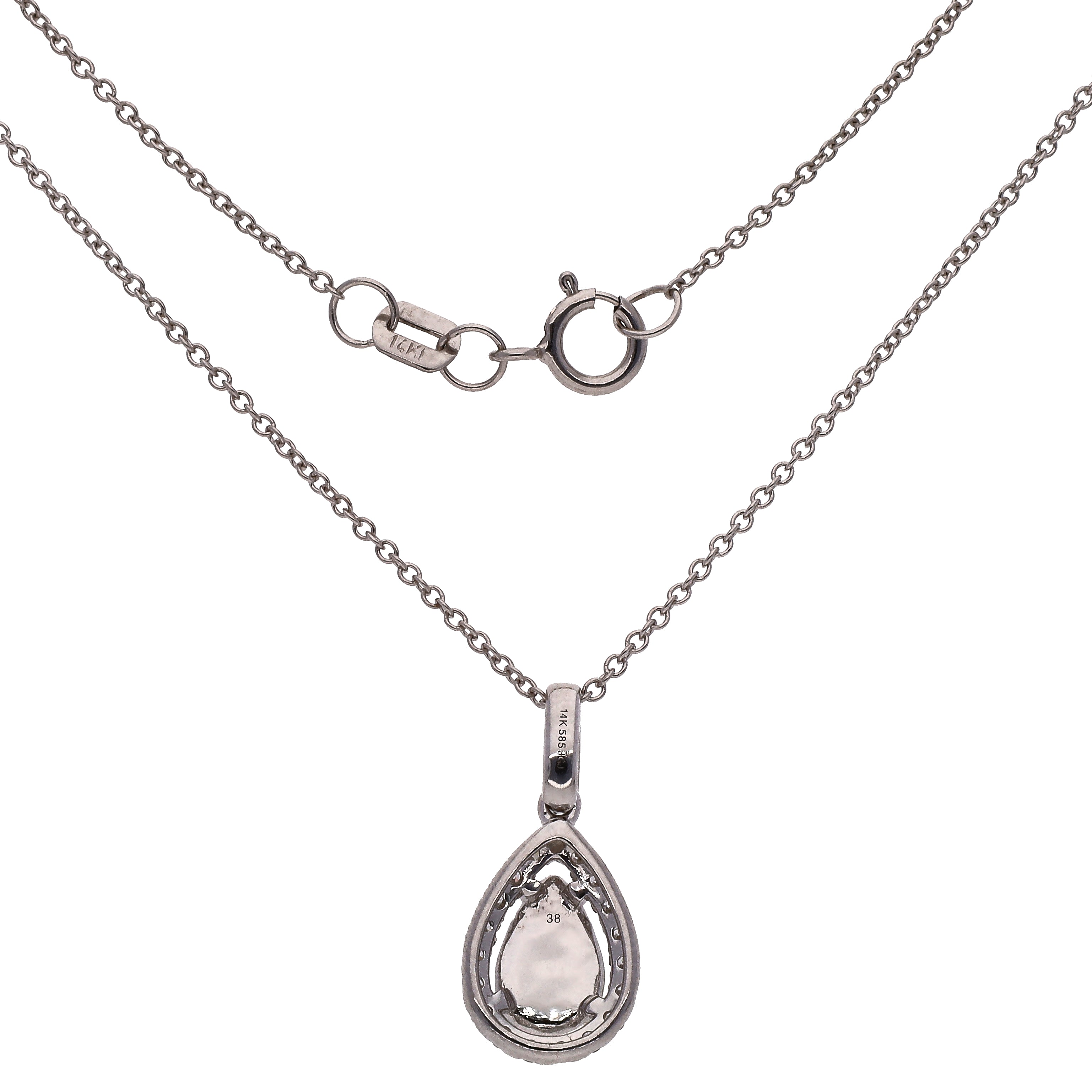 14K White Gold Pear Shaped Opal w/Diamond Halo Pendant 18" Necklace