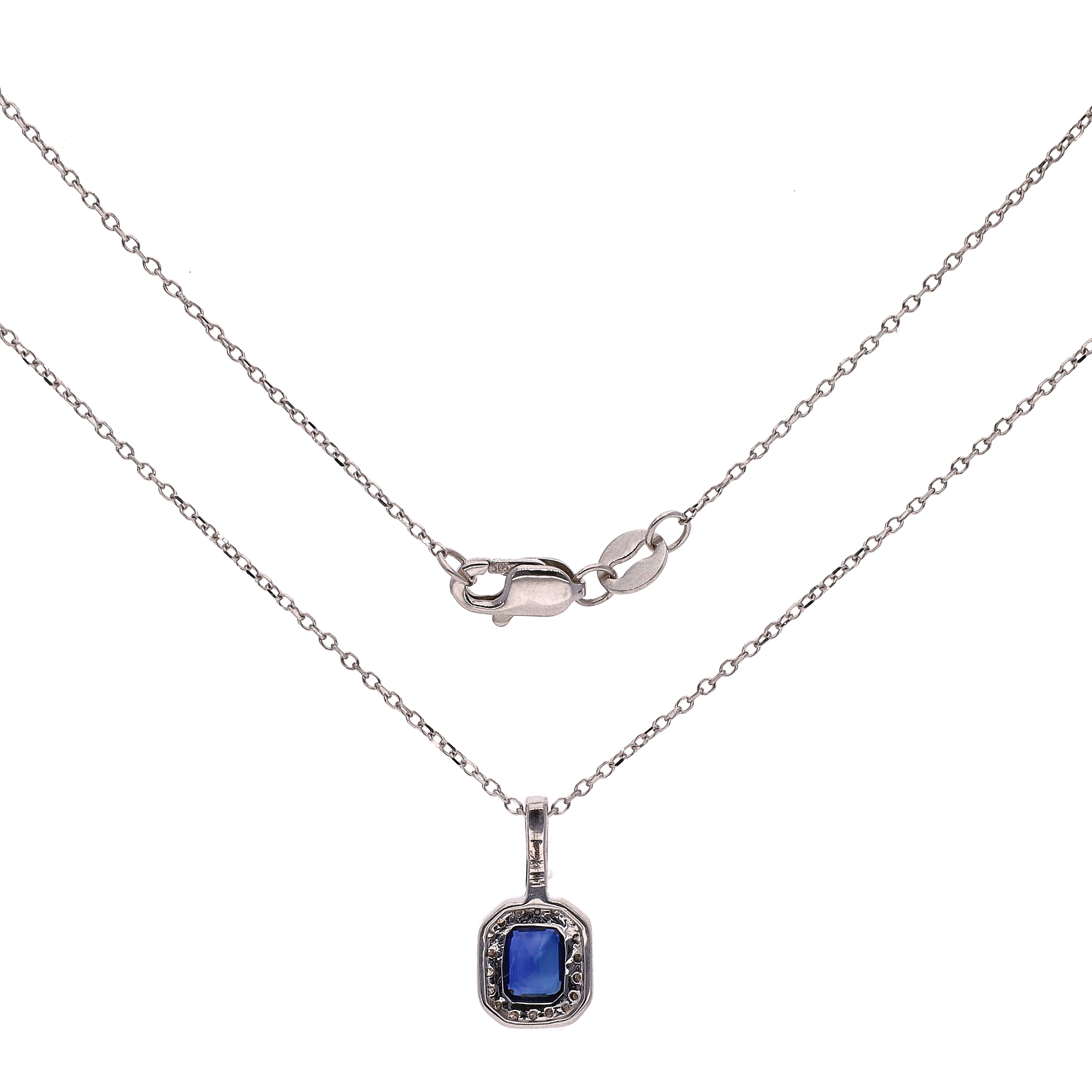 14K White Gold Emerald Cut Sapphire & Diamond Pendant Necklace