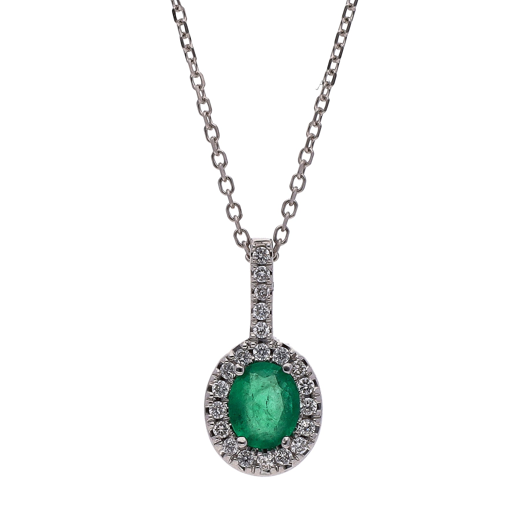 14K White Gold Oval Emerald and Diamond Pendant 16" Necklace