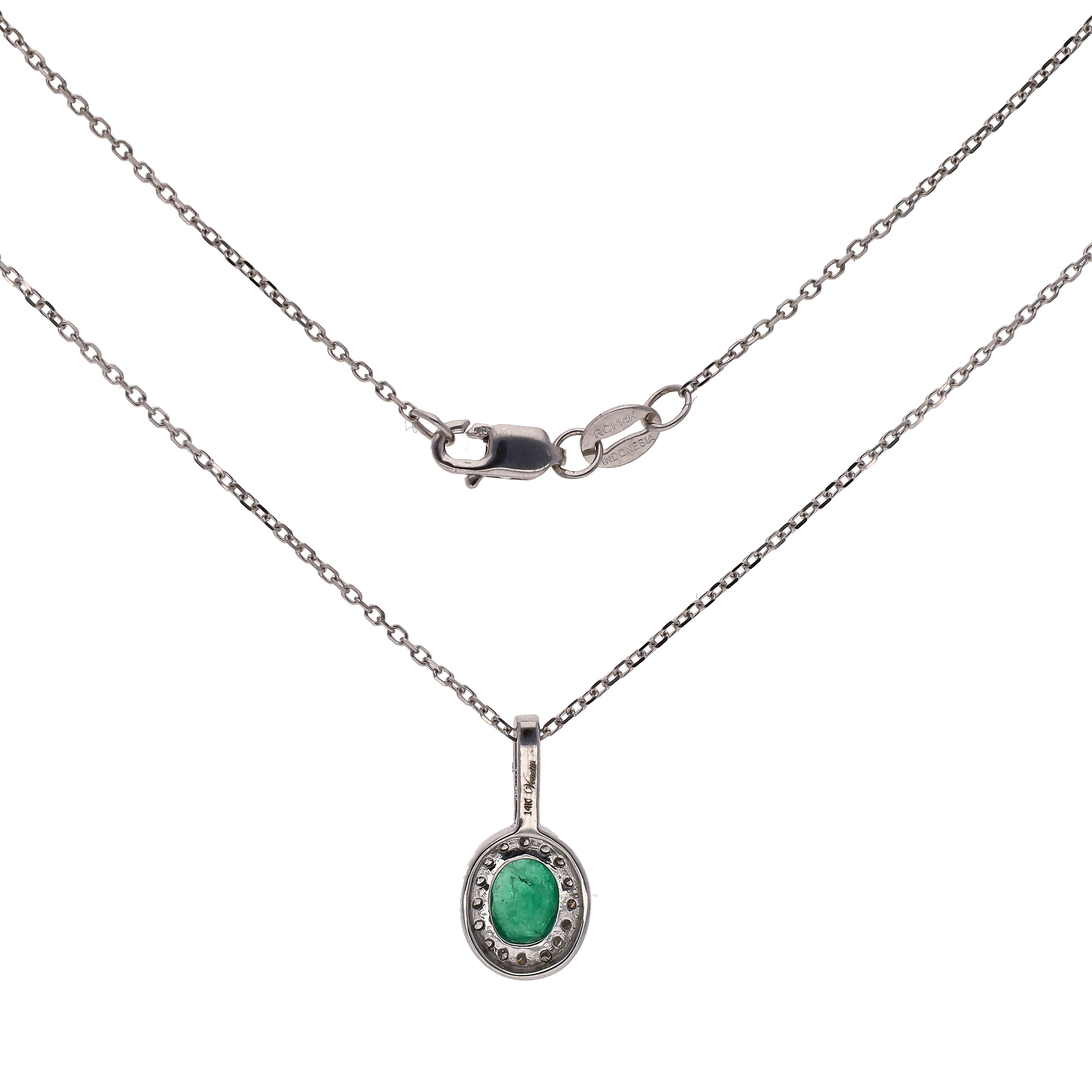 14K White Gold Oval Emerald and Diamond Pendant 16" Necklace