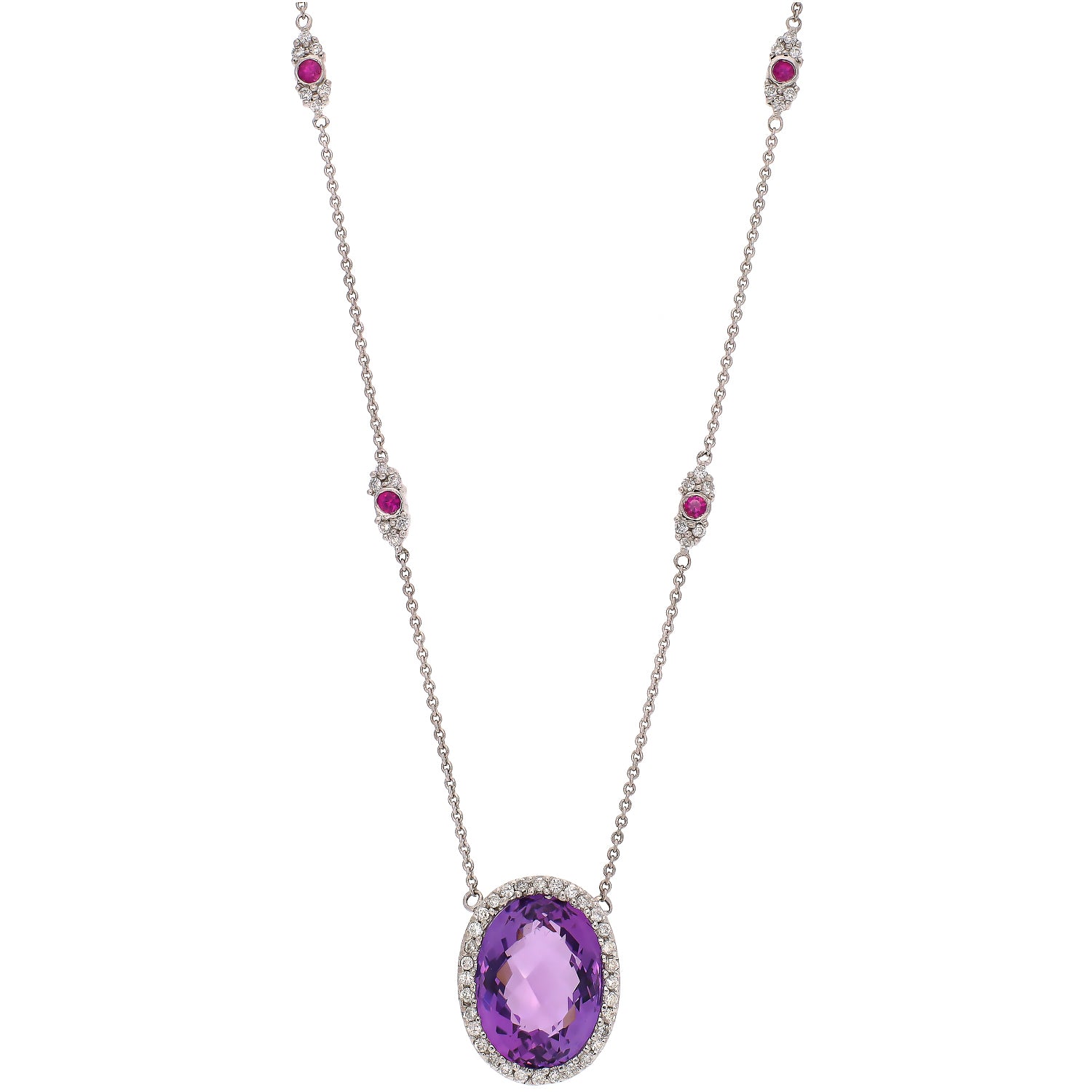14K White Gold Amethyst, Ruby, and Diamond Necklace