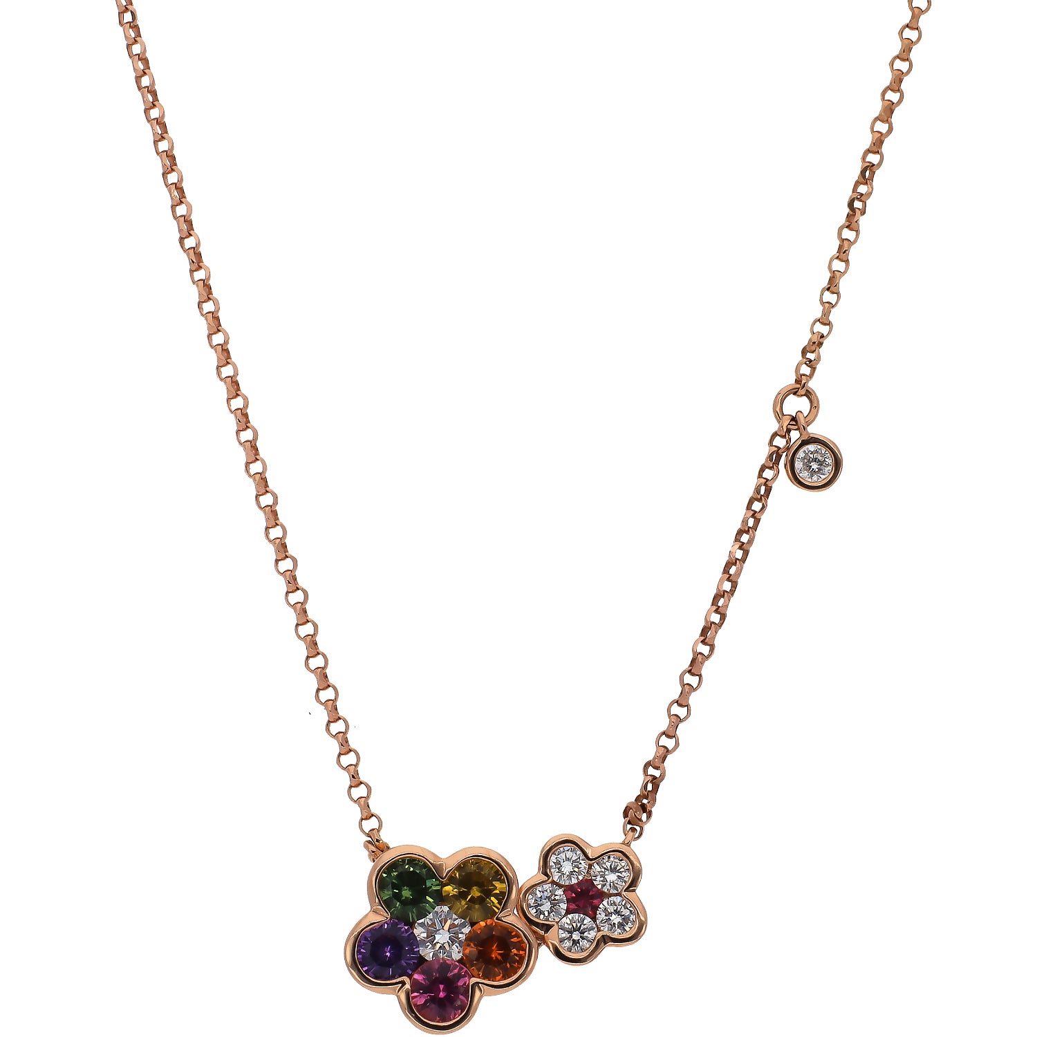 14K Rose Gold Multi Color Sapphires and Diamonds Flower Design 18" Necklace