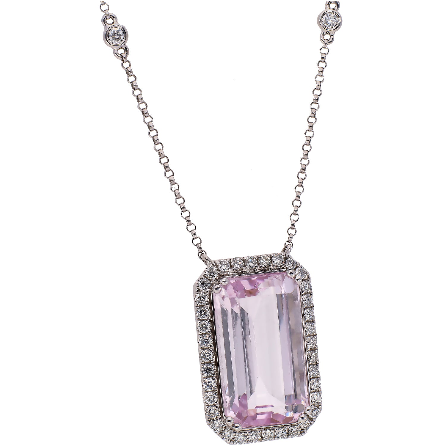 18K White Gold Kunzite and Diamond Halo Necklace