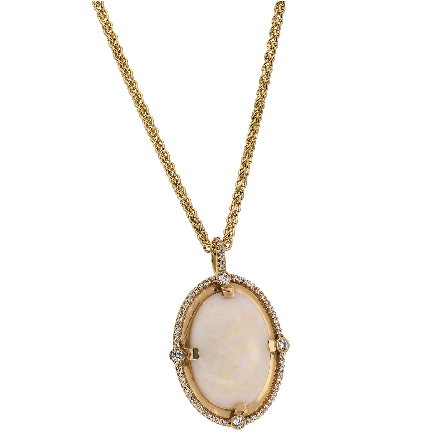 18K Yellow Gold Oval Opal and Diamond Necklace