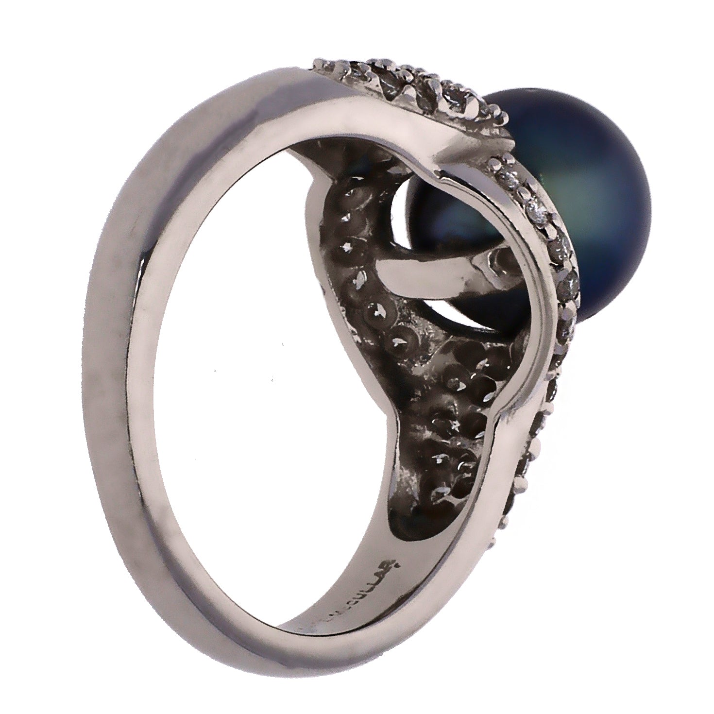 14K White Gold 9mm Black Pearl and Diamond Ring