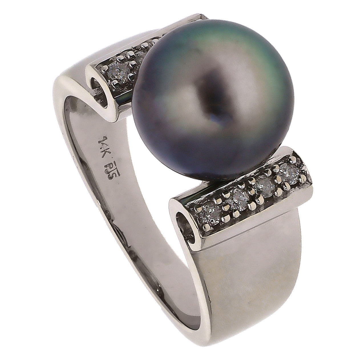 14K White Gold Black Cultured Pearl and Diamond Ring