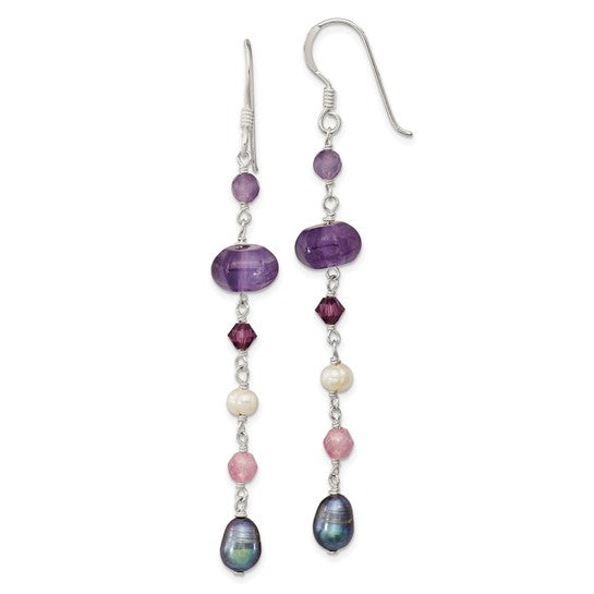 Sterling Silver Multi-Colored Freshwater Pearls, Amethyst, & Lavender Jade Earrings