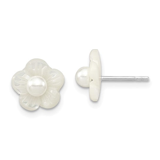 Sterling Silver Mother of Pearl Flower with 4mm Pearl Earrings