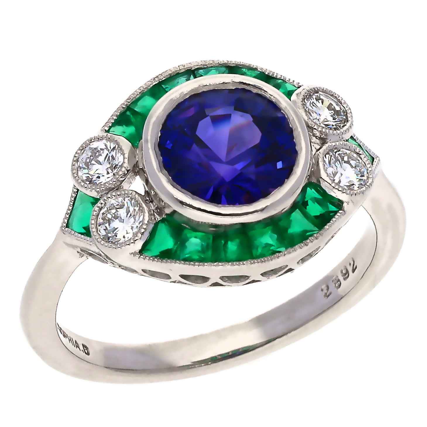 Platinum SophiaD Vintage Style Sapphire, Emerald, and Diamond Fashion Ring