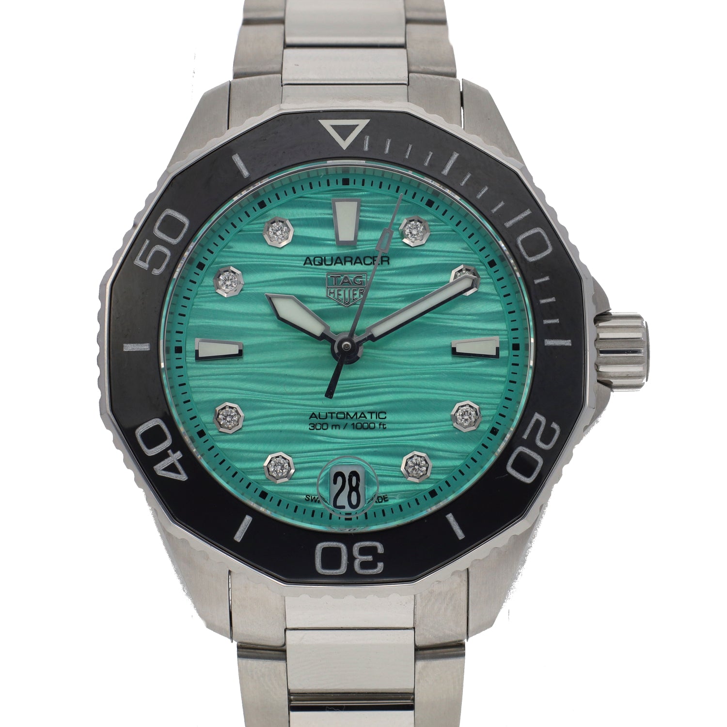 TAG Heuer Aquaracer Professional 300 Automatic Green Lacquered Diamond Dial 36mm Steel Women's Watch