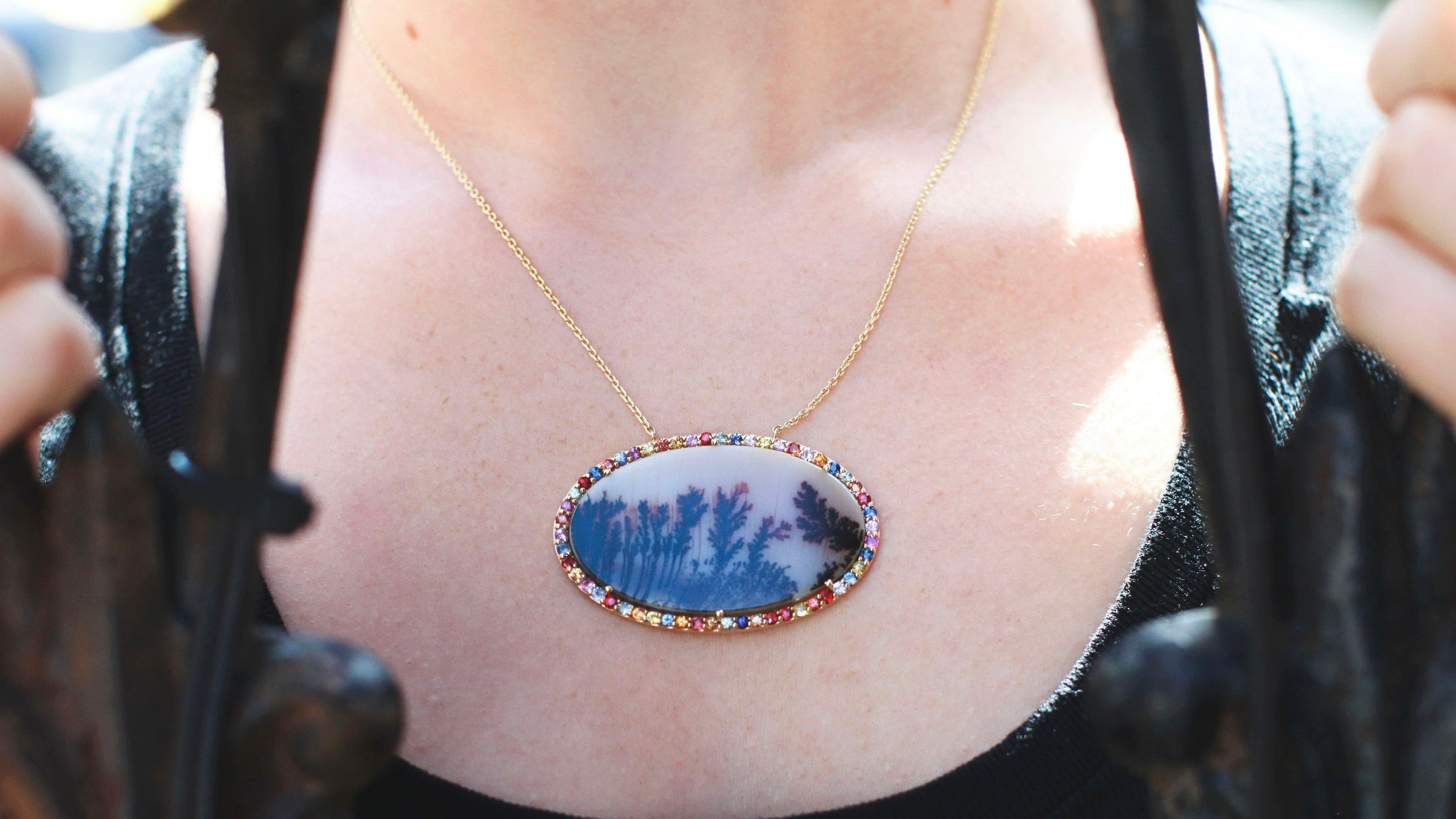 14K Yellow Gold Custom Design One-Of-A-Kind Picture Agate w/Multi-Colored Sapphire Accent 18" Necklace