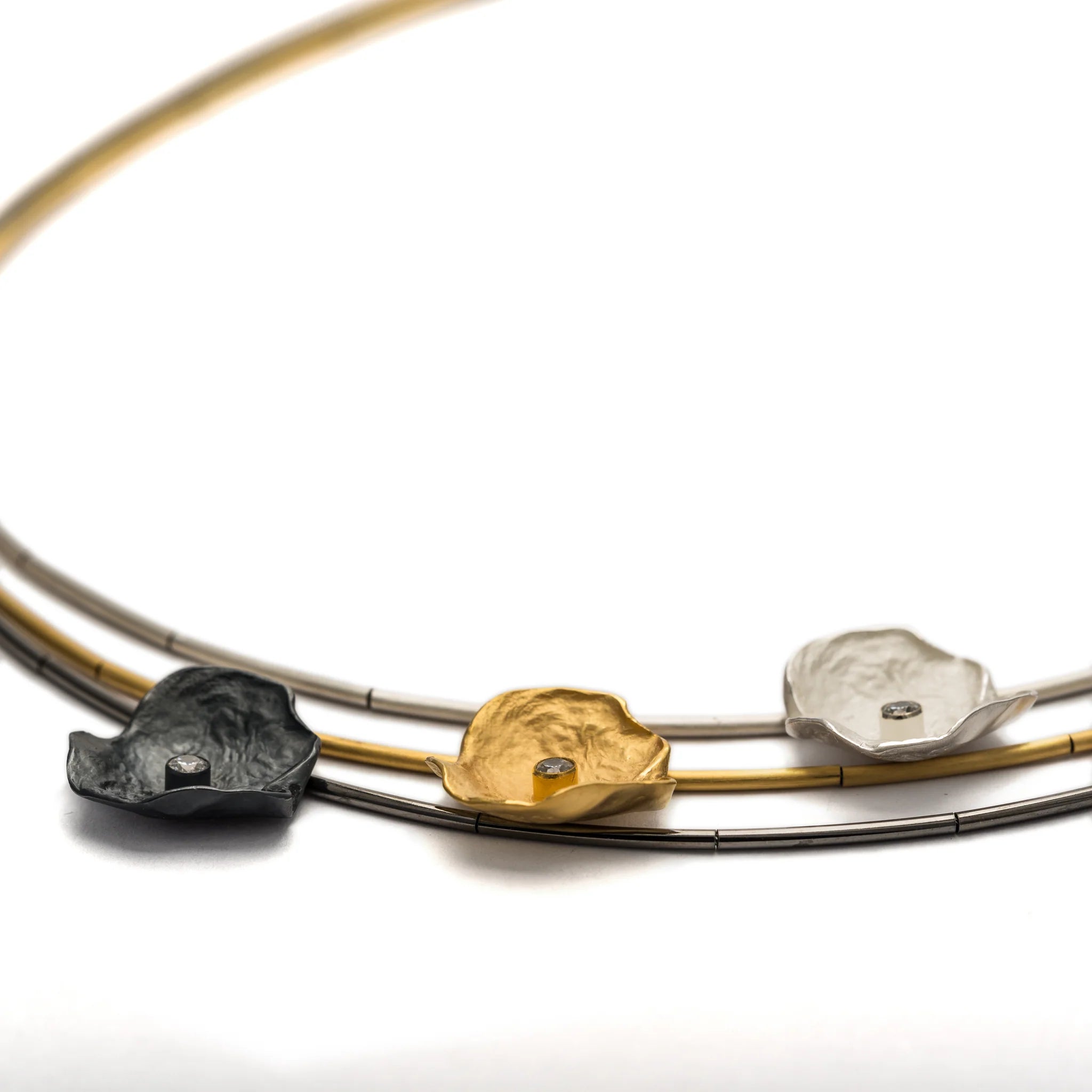 Mysterium Collection Sterling Silver, Gold Plated, and Black Oxidized 3 Strand Petals w/ CZs Necklace