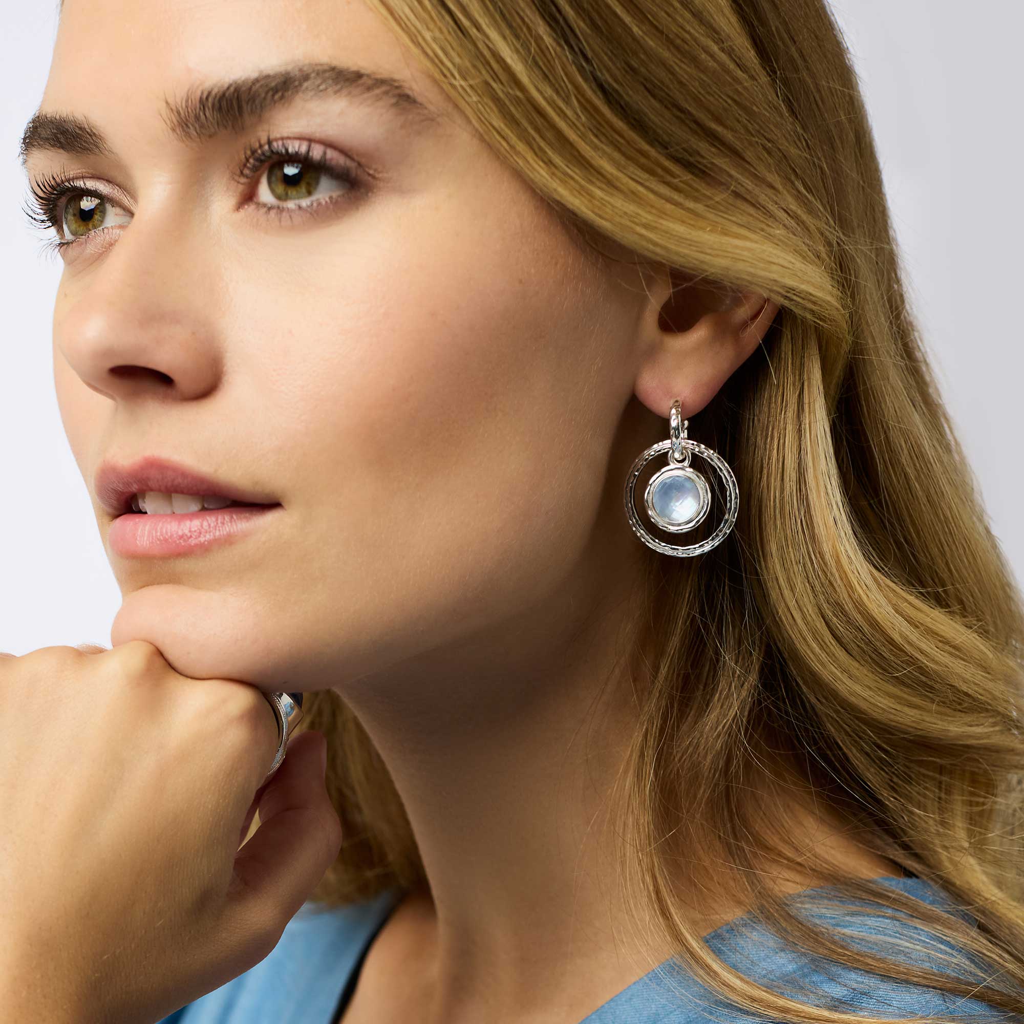 Julie Vos Pure Silver Plated Astor 6-In-1 Charm Iridescent Chalcedony Blue Dangle Earrings