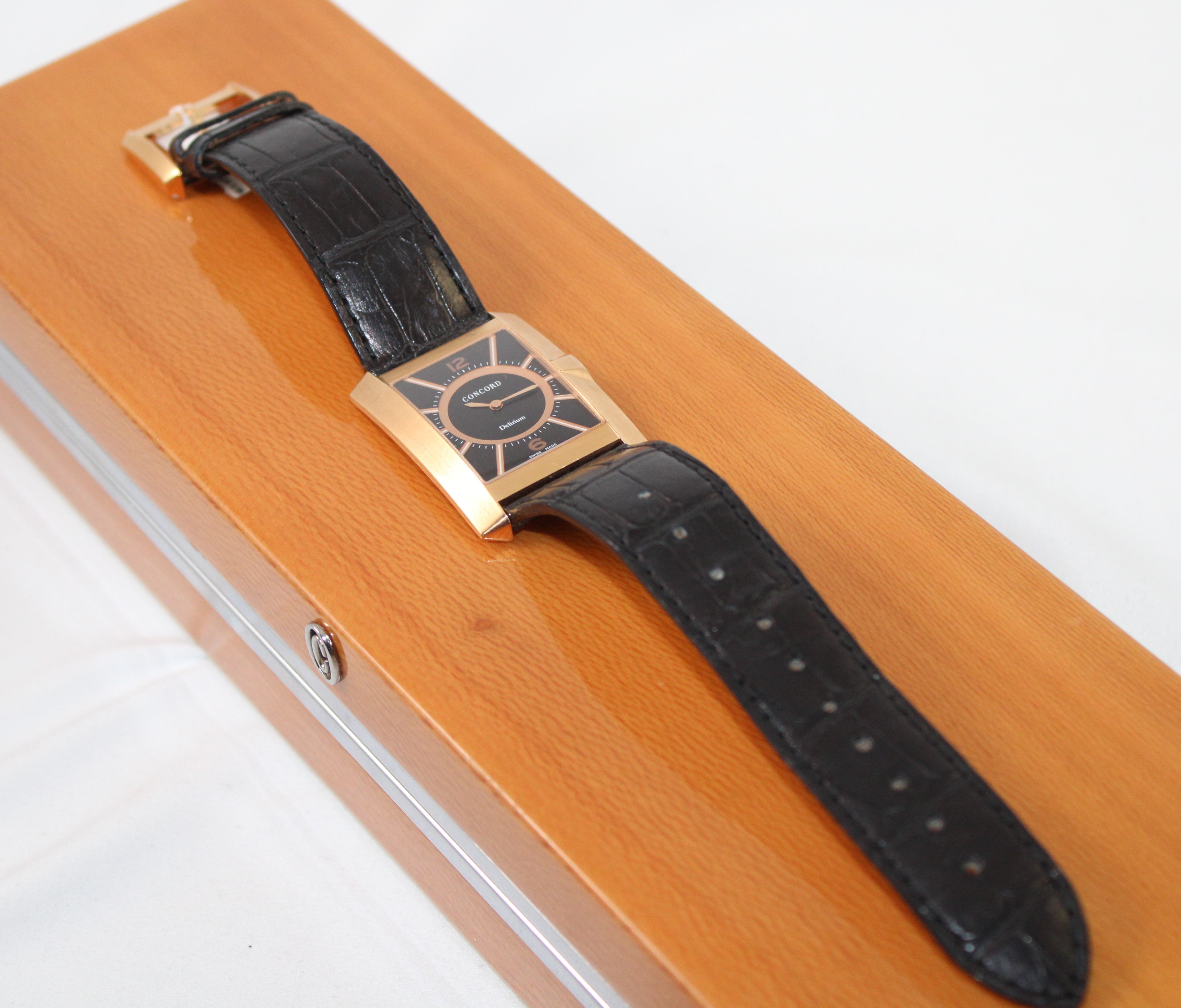 Concord Delirium Quartz 38mm x 28mm 18K Rose Gold Wristwatch with Black Leather Strap