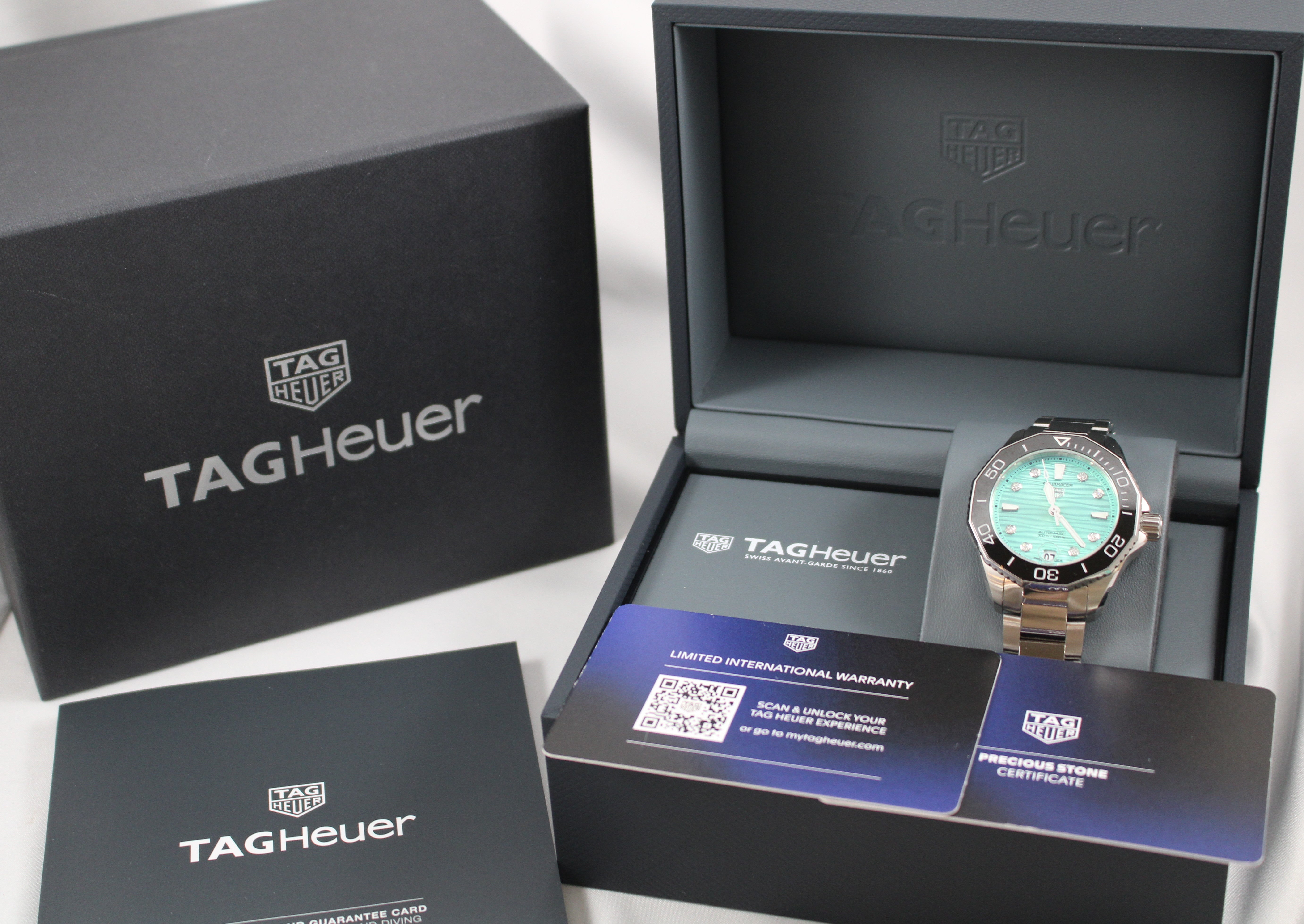TAG Heuer Aquaracer Professional 300 Automatic Green Lacquered Diamond Dial 36mm Steel Women's Watch