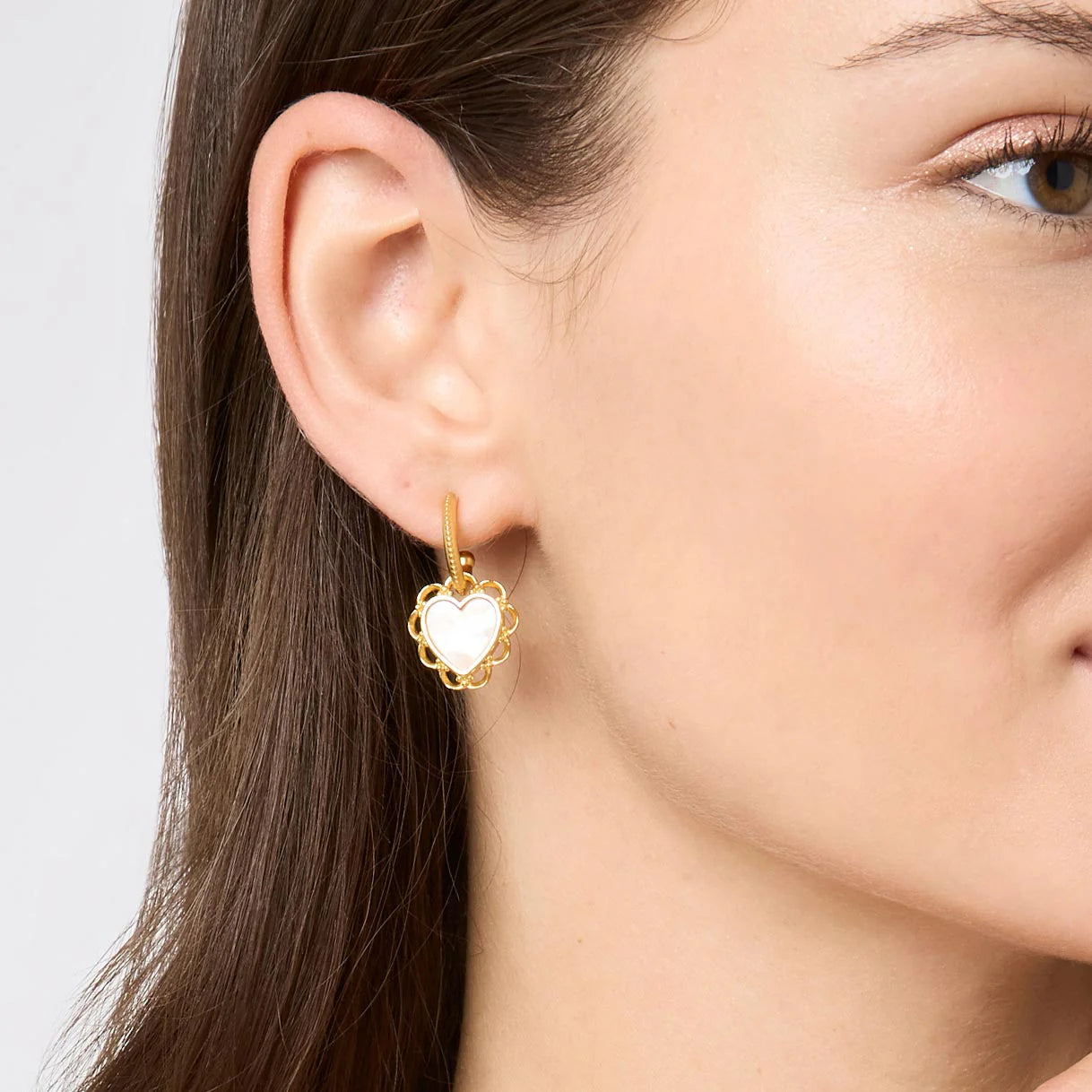 Julie Vos 24K Gold Plated Lace Heart Hoop and Charm Mother of Pearl Earrings