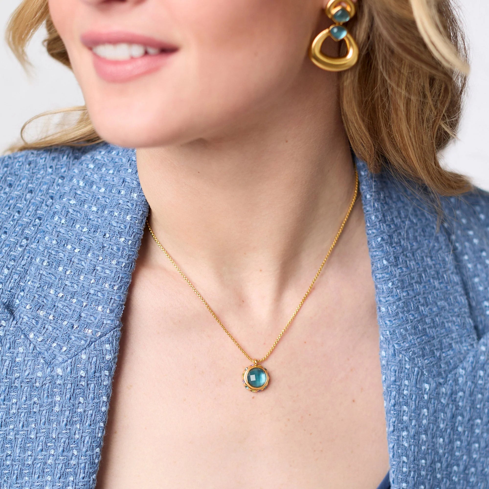 Julie Vos Rainbow Delicate Necklace Iridescent Montana Blue with Twilight Halo