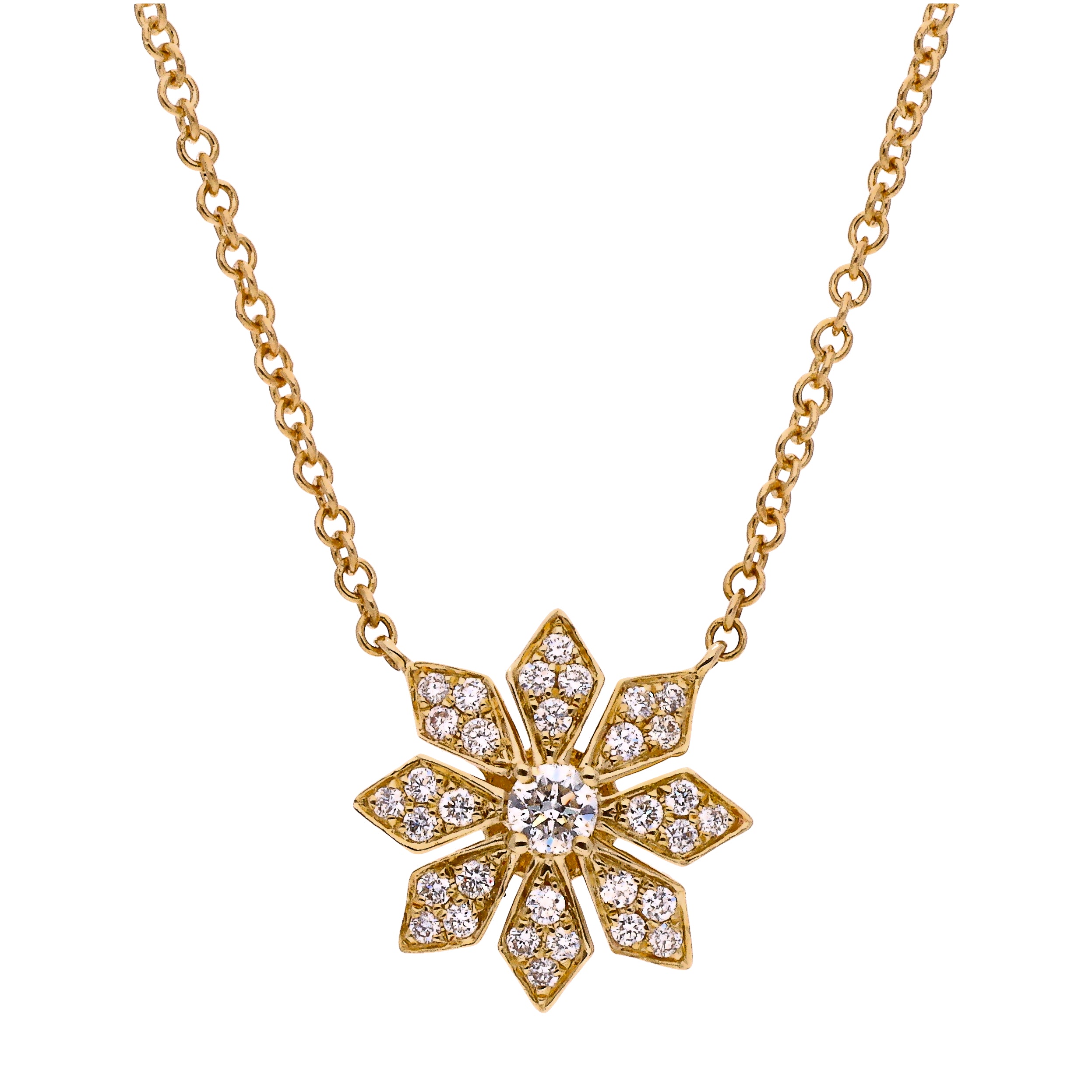 14K Yellow Gold Diamond Flower Pendant 18" Necklace
