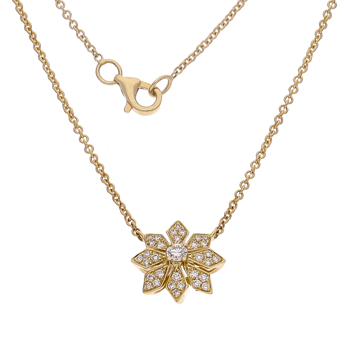 14K Yellow Gold Diamond Flower Pendant 18" Necklace