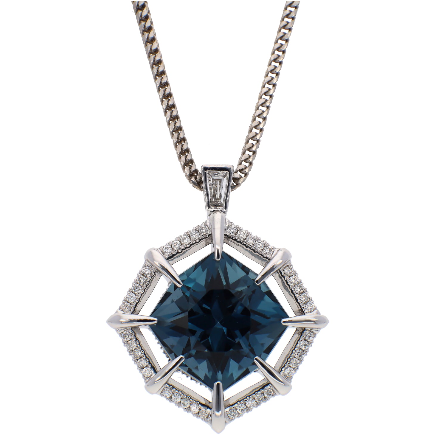 14K White Gold Custom Designed London Blue Topaz & Diamond Pendant Necklace