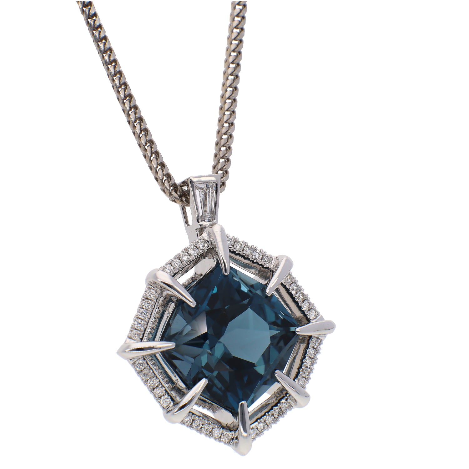 14K White Gold Custom Designed London Blue Topaz & Diamond Pendant Necklace