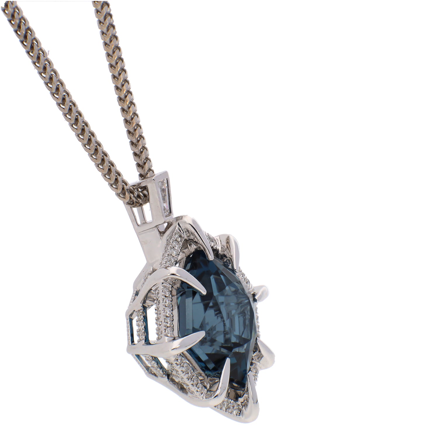 14K White Gold Custom Designed London Blue Topaz & Diamond Pendant Necklace