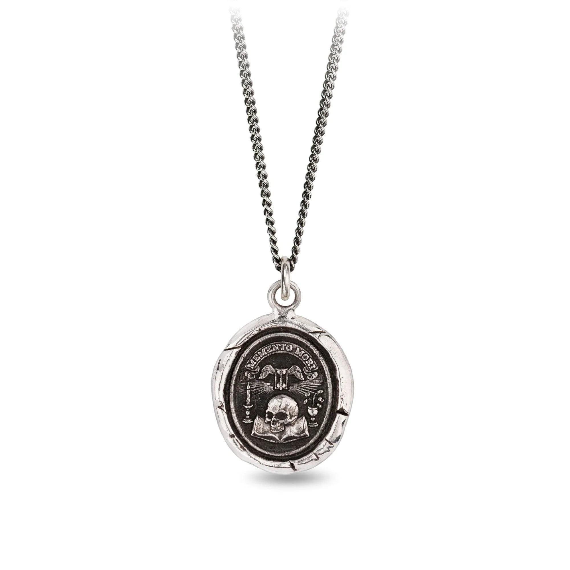 Pyrrha Sterling Silver "Memento Mori" Talisman 22" Oxidized Fine Curb Chain Necklace