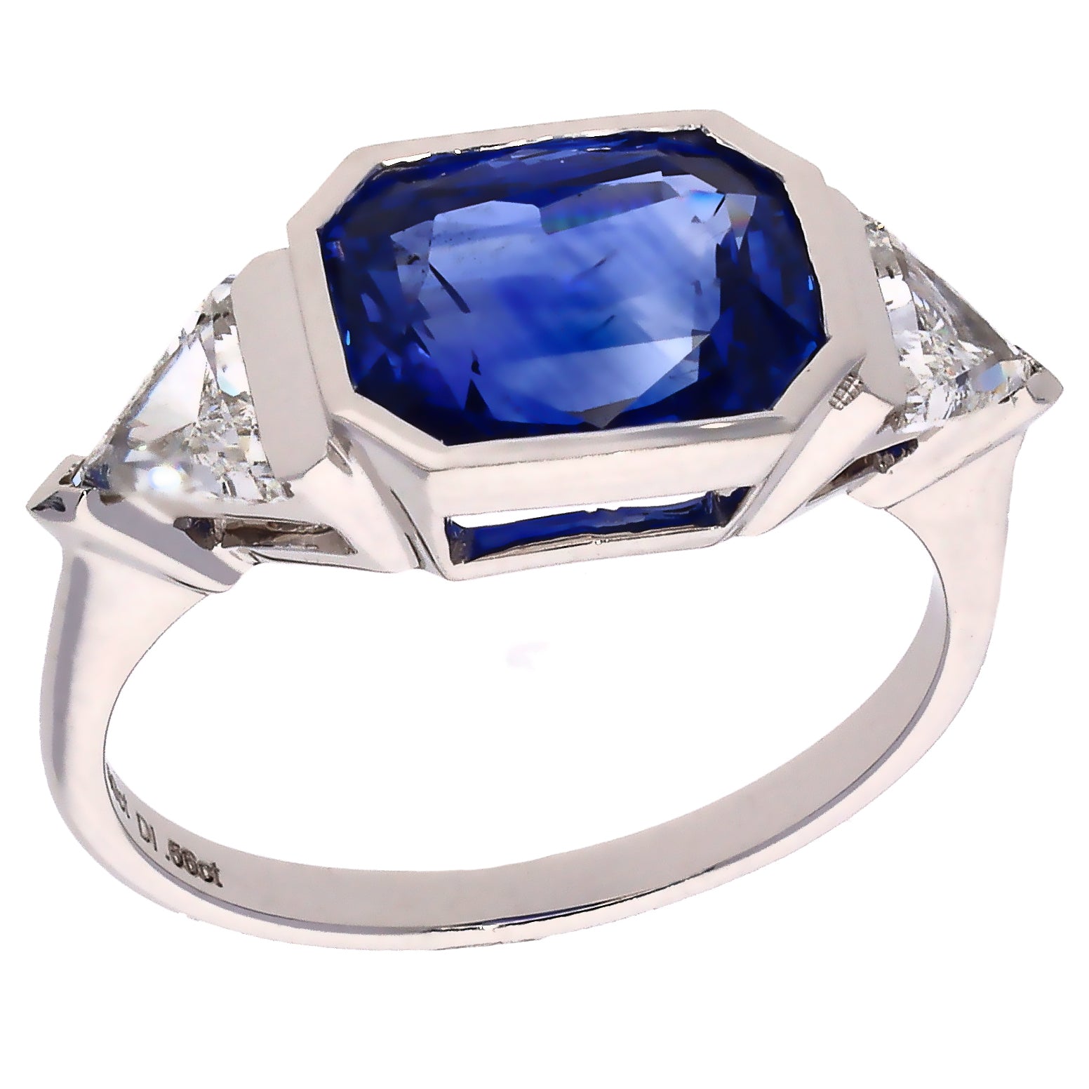 14K White Gold Octagonal Sri Lanka Sapphire and Trillion Cut Diamond Ring