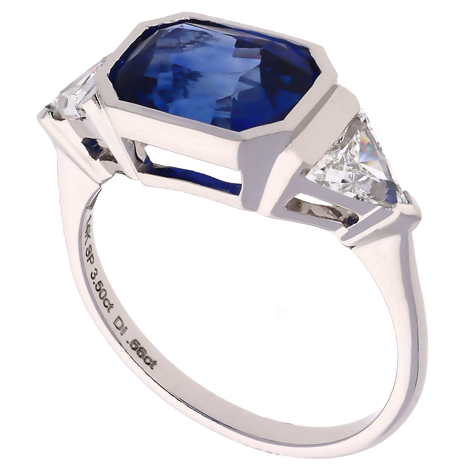 14K White Gold Octagonal Sri Lanka Sapphire and Trillion Cut Diamond Ring