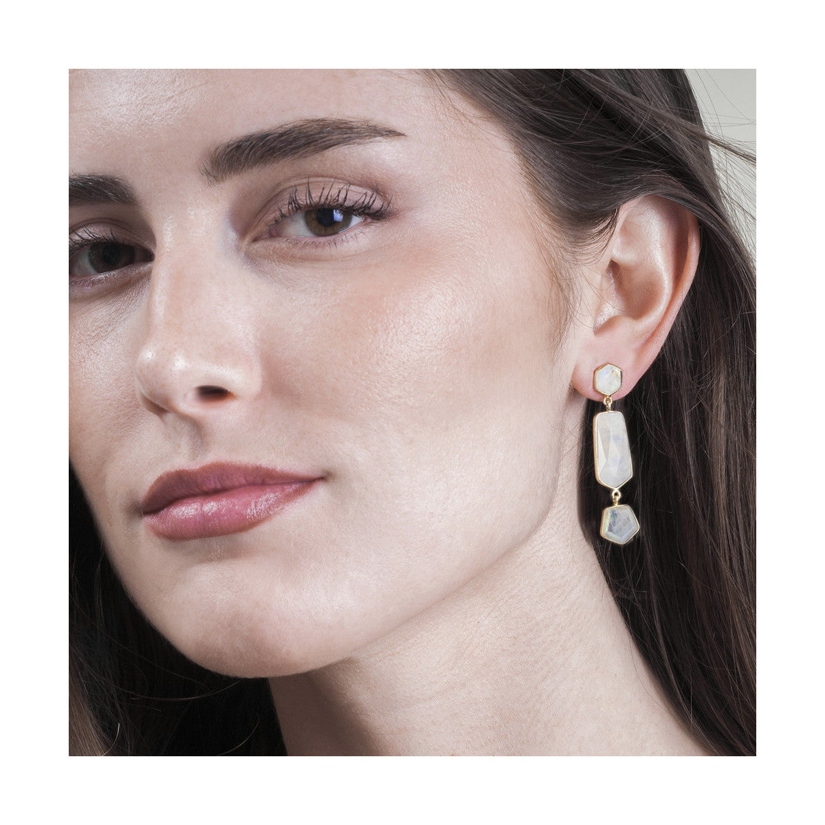 Jorge Revilla ATLAS Collection Sterling Silver 18k Yellow Gold Vermeil Rainbow Moonstone Long Geometric Dangle Earrings