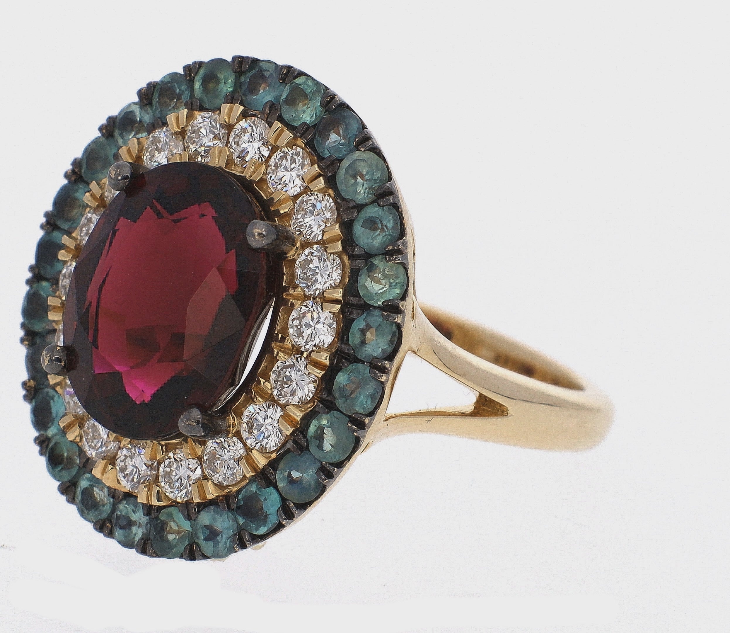 14K Yellow Gold Oval Rhodolite Garnet with Diamond and Alexandrite Double Halo Ring