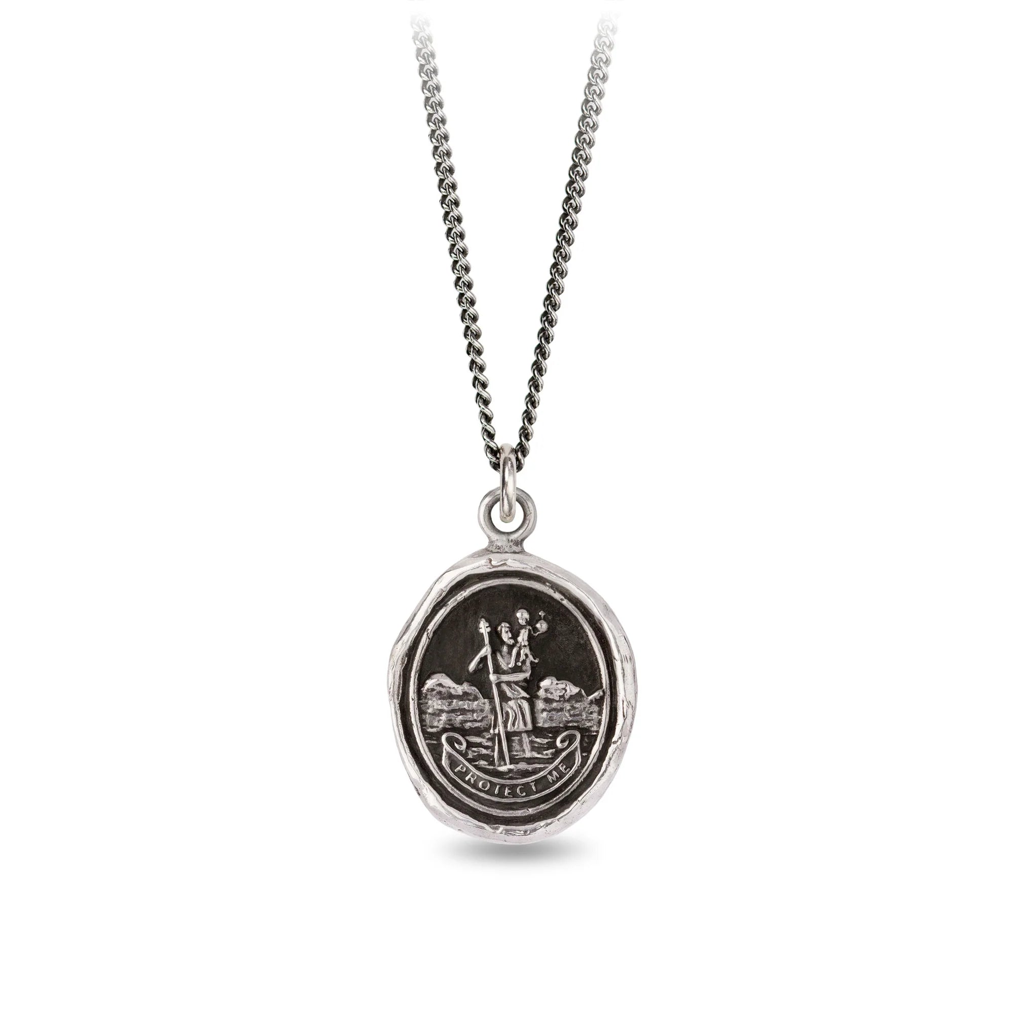 Pyrrha Sterling Silver "St. Christopher" talisman 18 Inch Fine Curb Chain Necklace