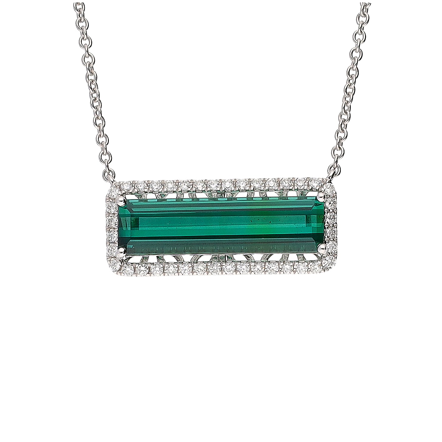 18K White Gold Emerald Cut Green Tourmaline & Diamond 16" Necklace