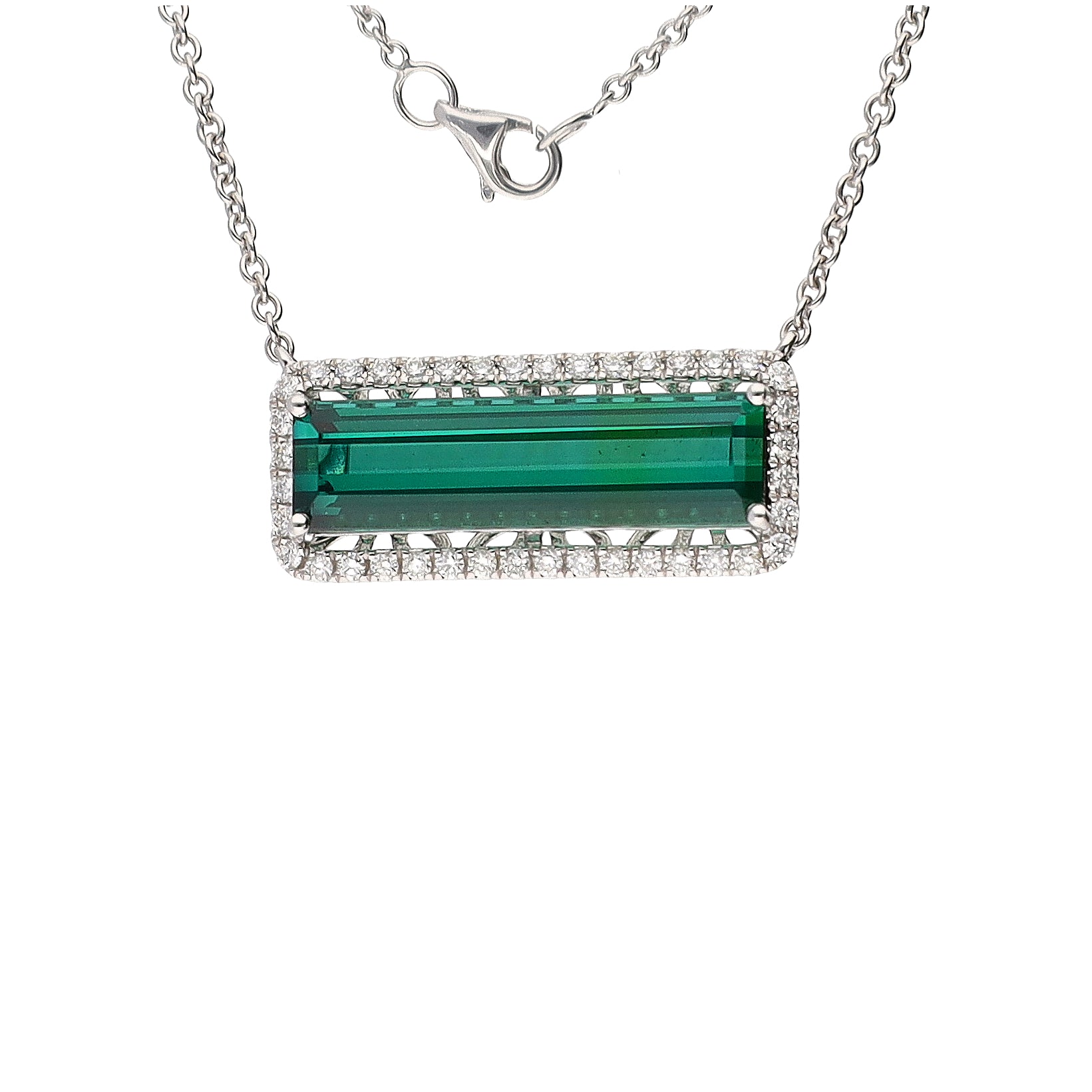 18K White Gold Emerald Cut Green Tourmaline & Diamond 16" Necklace