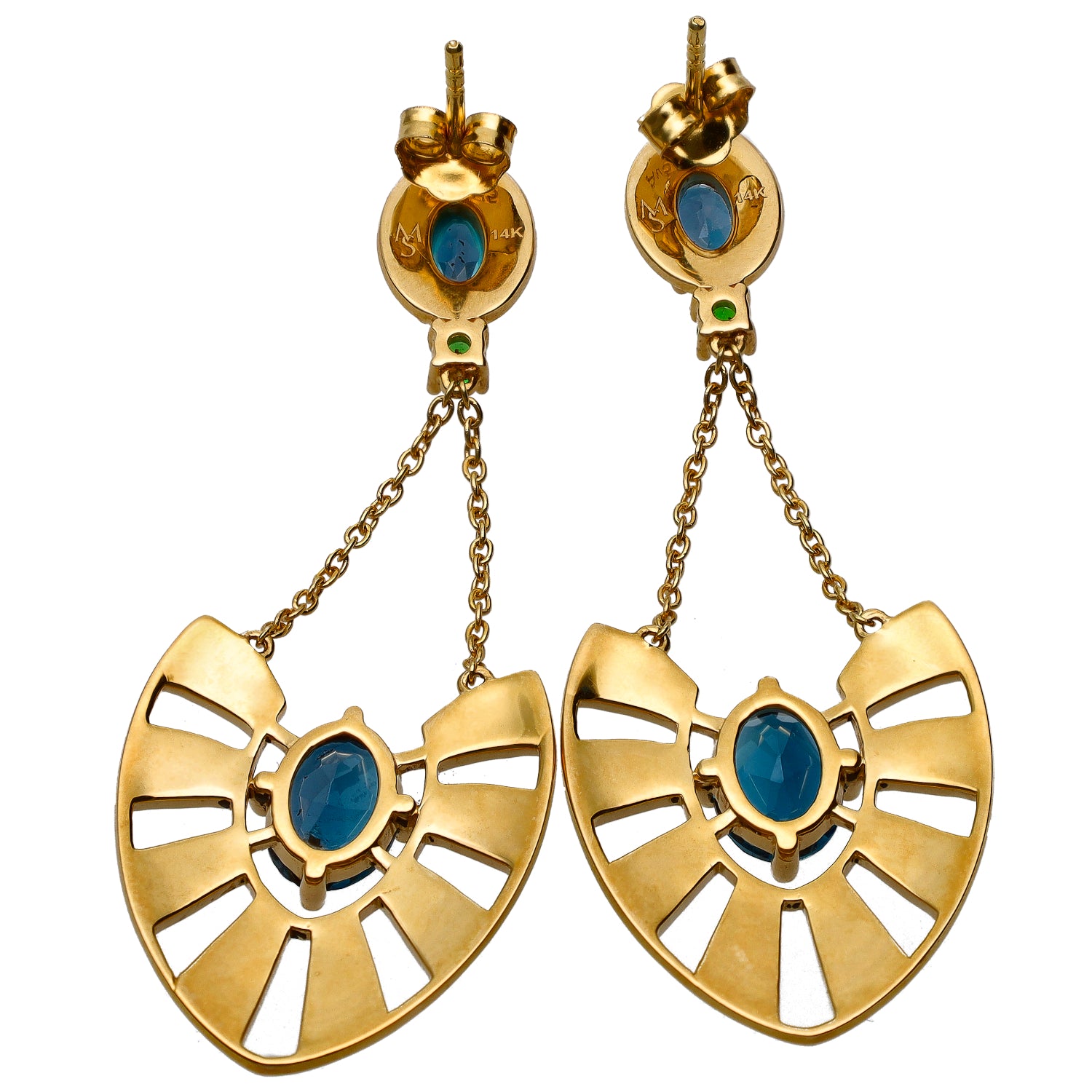 Martha Seely Designs 14K Yellow Gold Hand Painted Enamel & London Blue Topaz Dangle Earrings