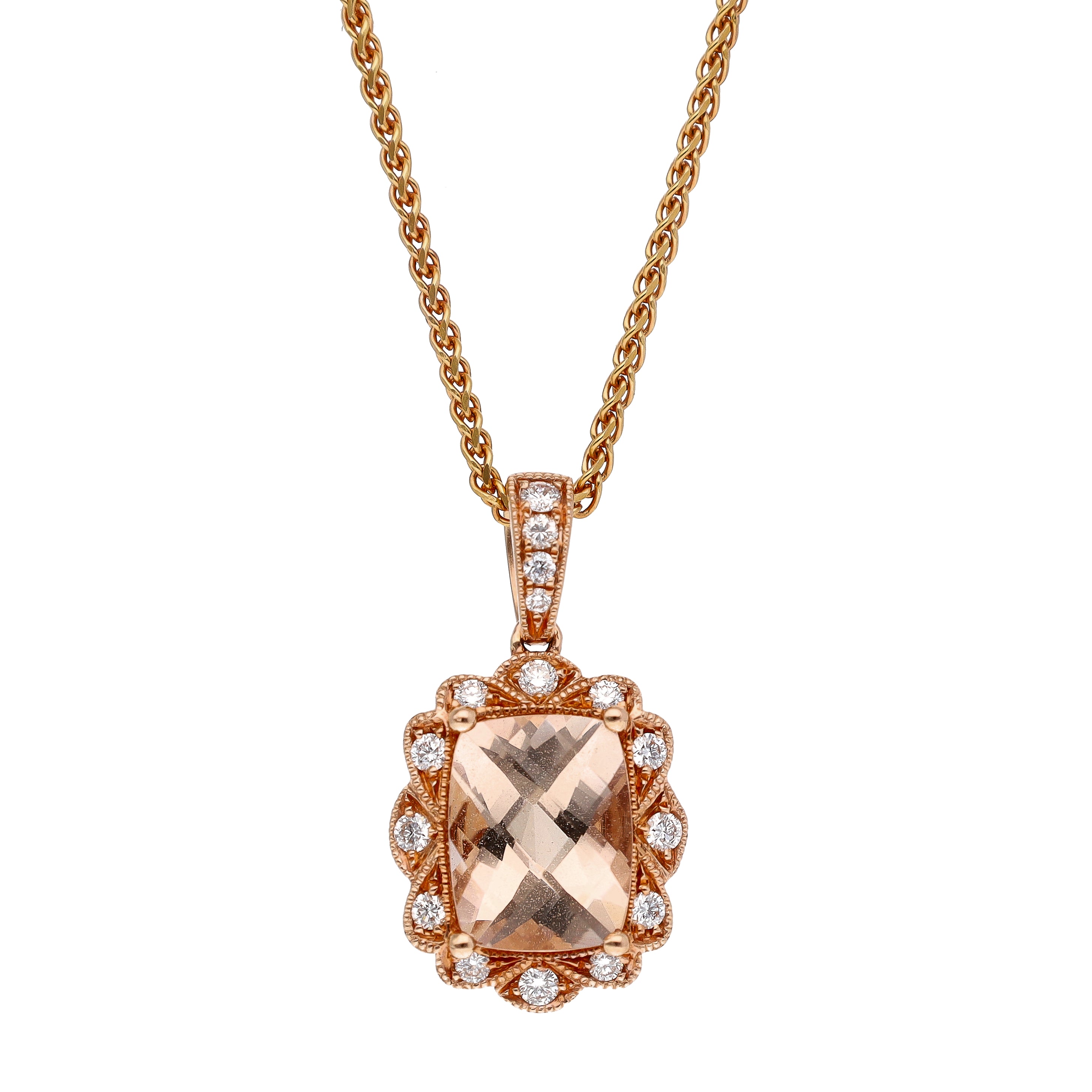 14K Rose Gold Checkerboard Morganite and Diamond Halo Pendant on 18" Spiga Diamond Cut Chain Necklace