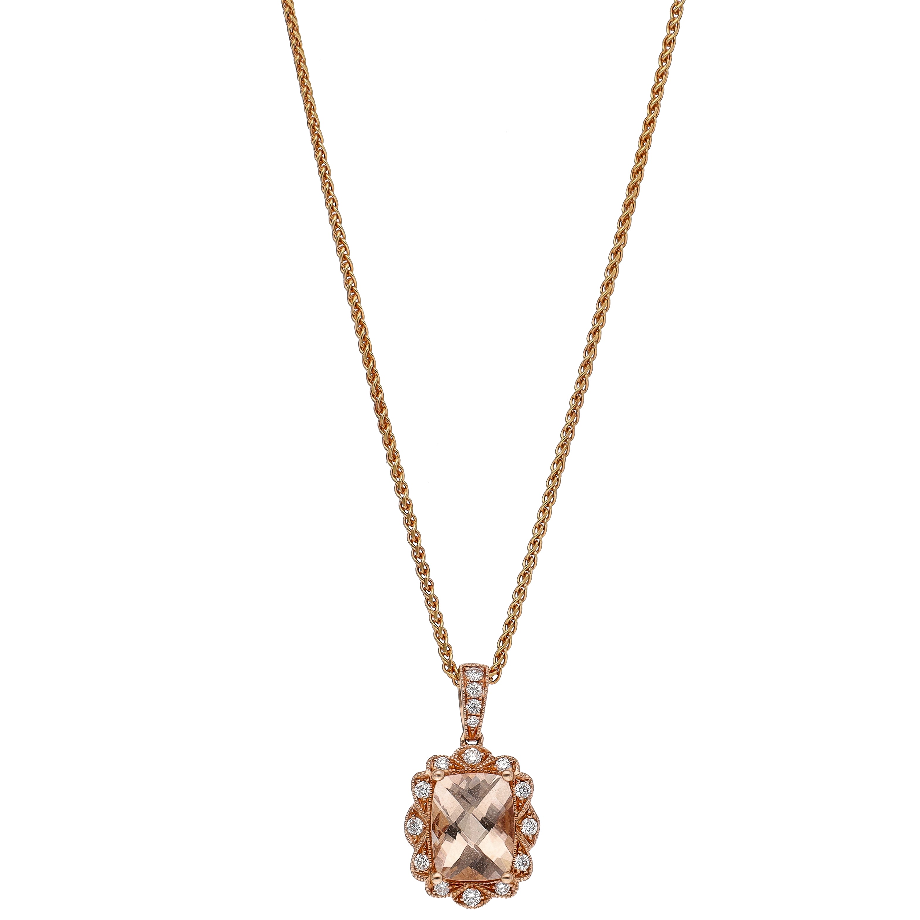 14K Rose Gold Checkerboard Morganite and Diamond Halo Pendant on 18" Spiga Diamond Cut Chain Necklace