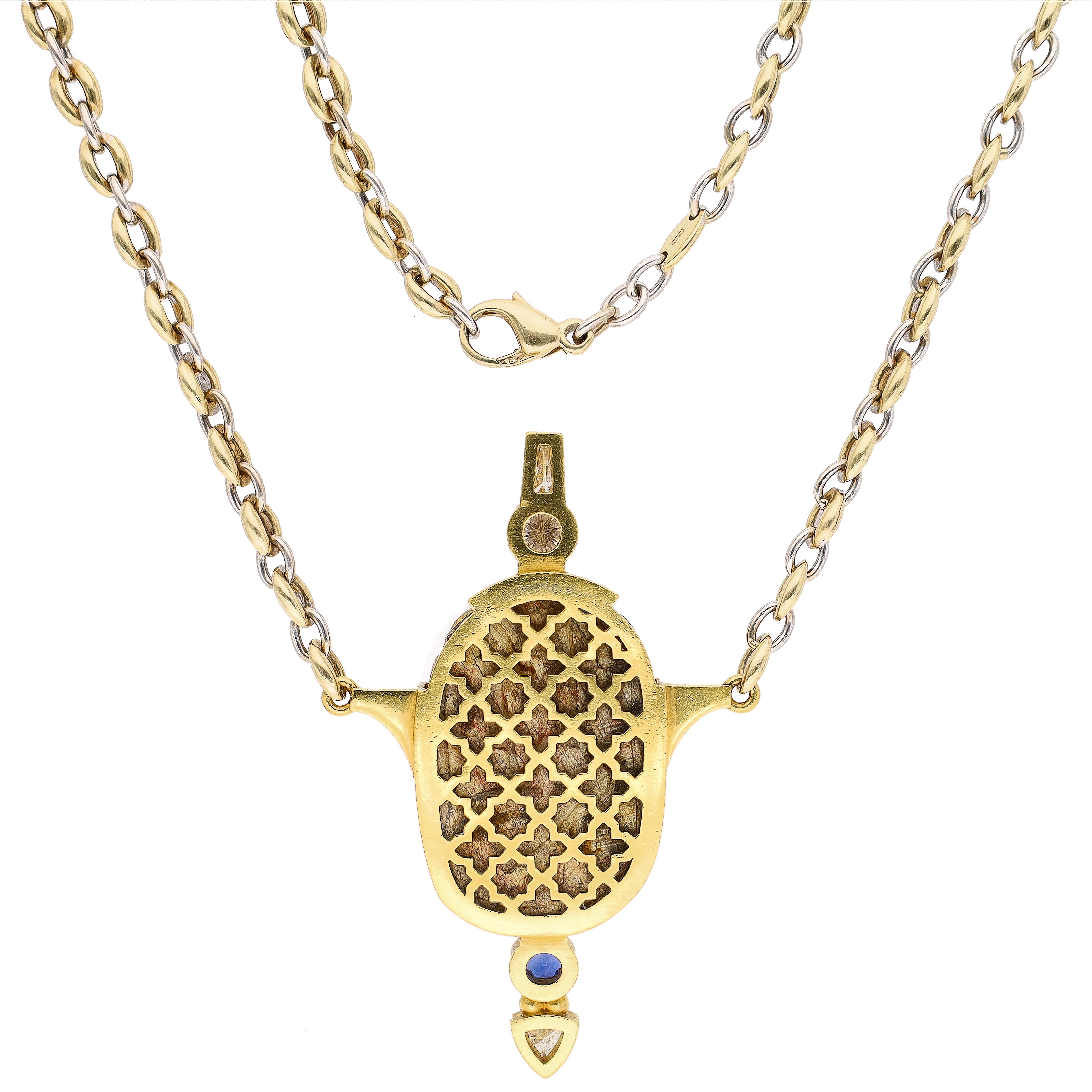 18K Yellow Gold Necklace: 3000 Yr. Old Scarab set in 22K Yellow Gold Frame w/Diamonds and Sapphire Accents