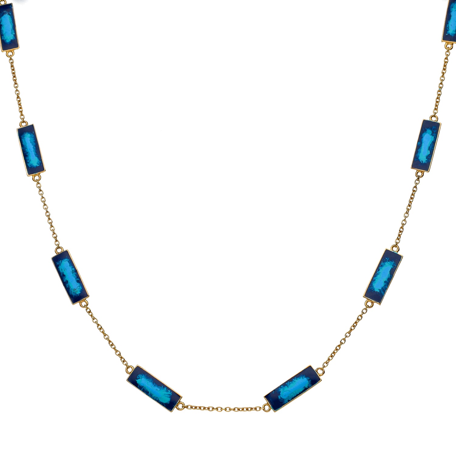 Martha Seely Designs 14K Yellow Gold Hand Painted Blue Enamel Stations 18" Necklace