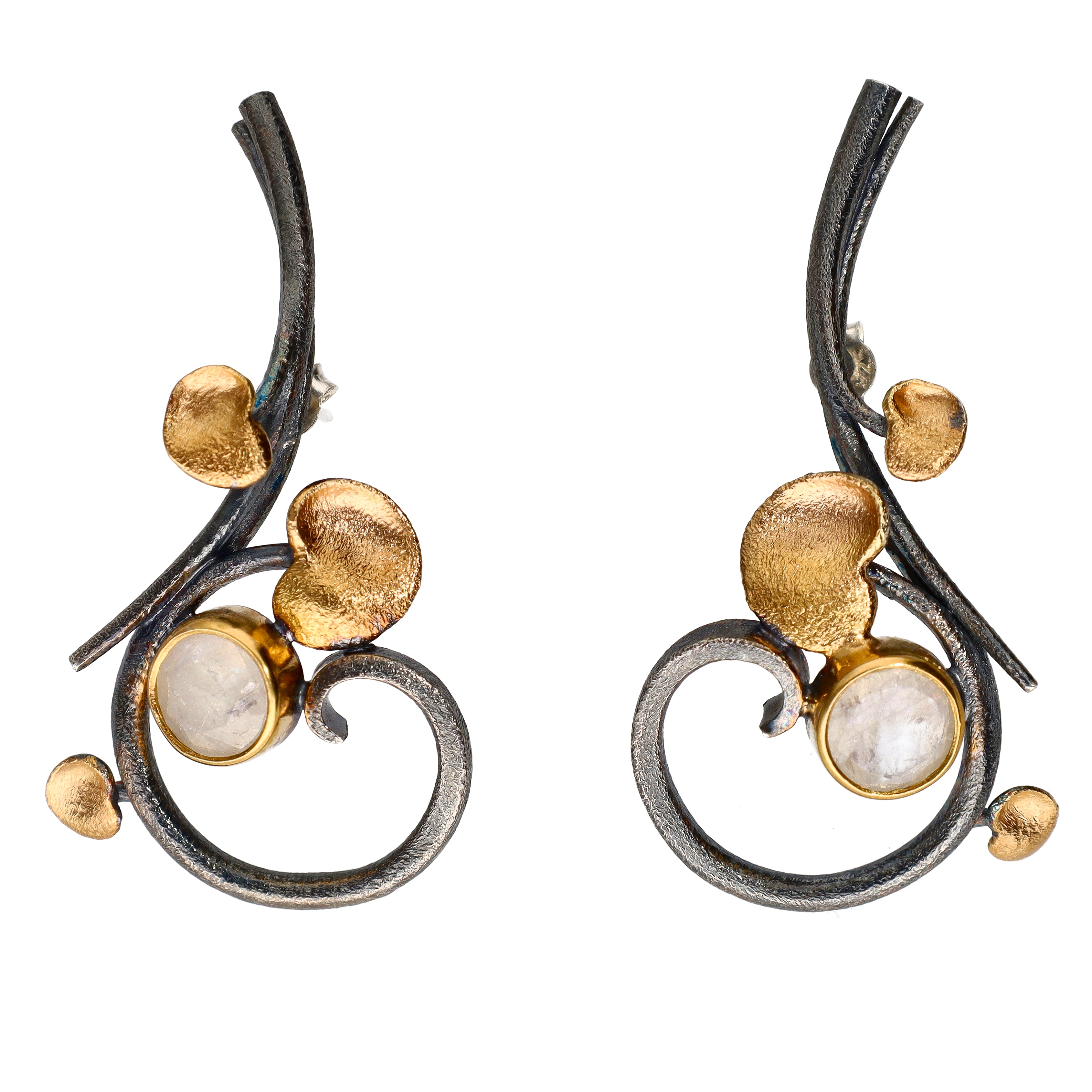Bora Jewelry of Brooklyn Sterling Silver & Brass Cabochon Moonstone Earrings