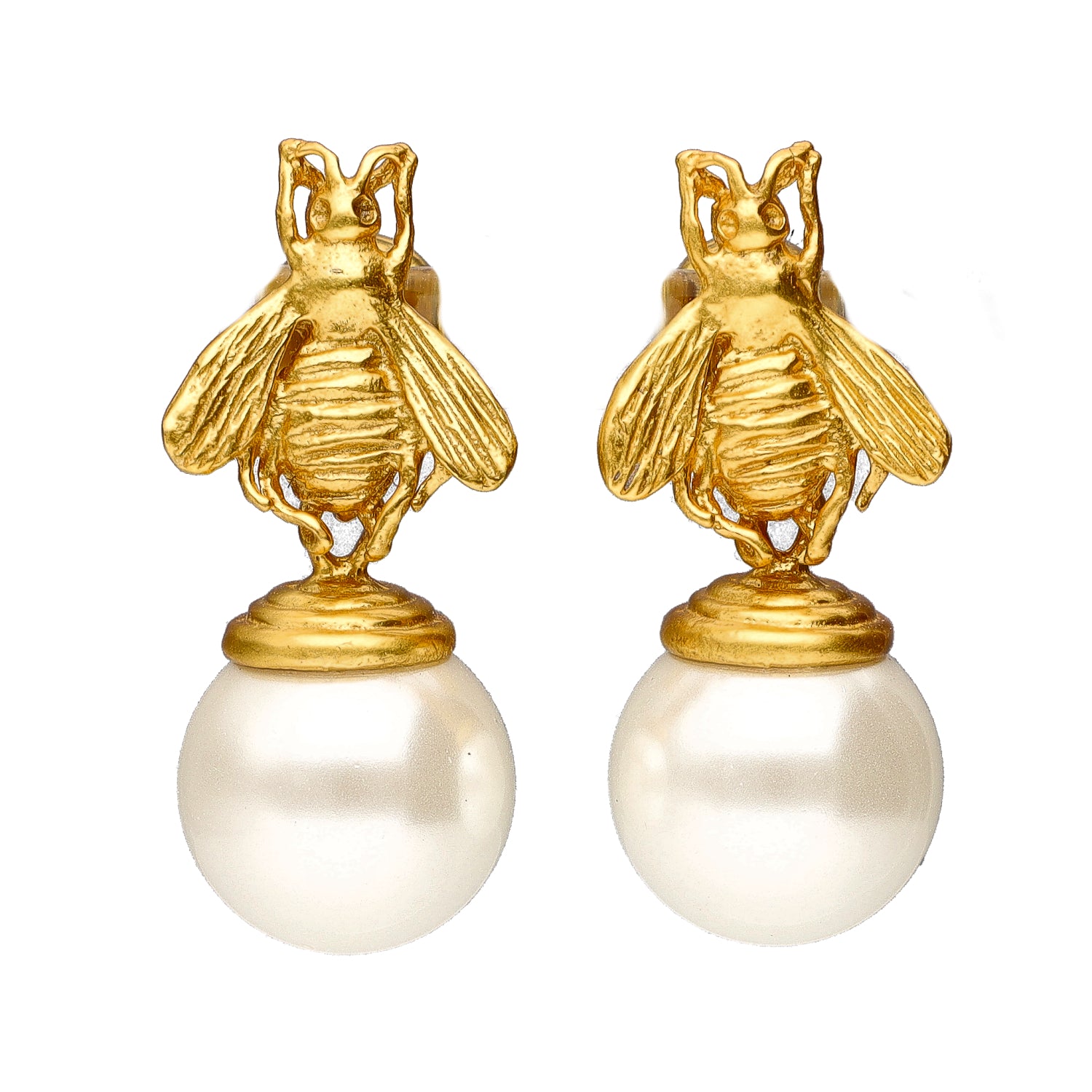 Julie Vos Whimsical Bee Atop A Shell Pearl Drop Earrings