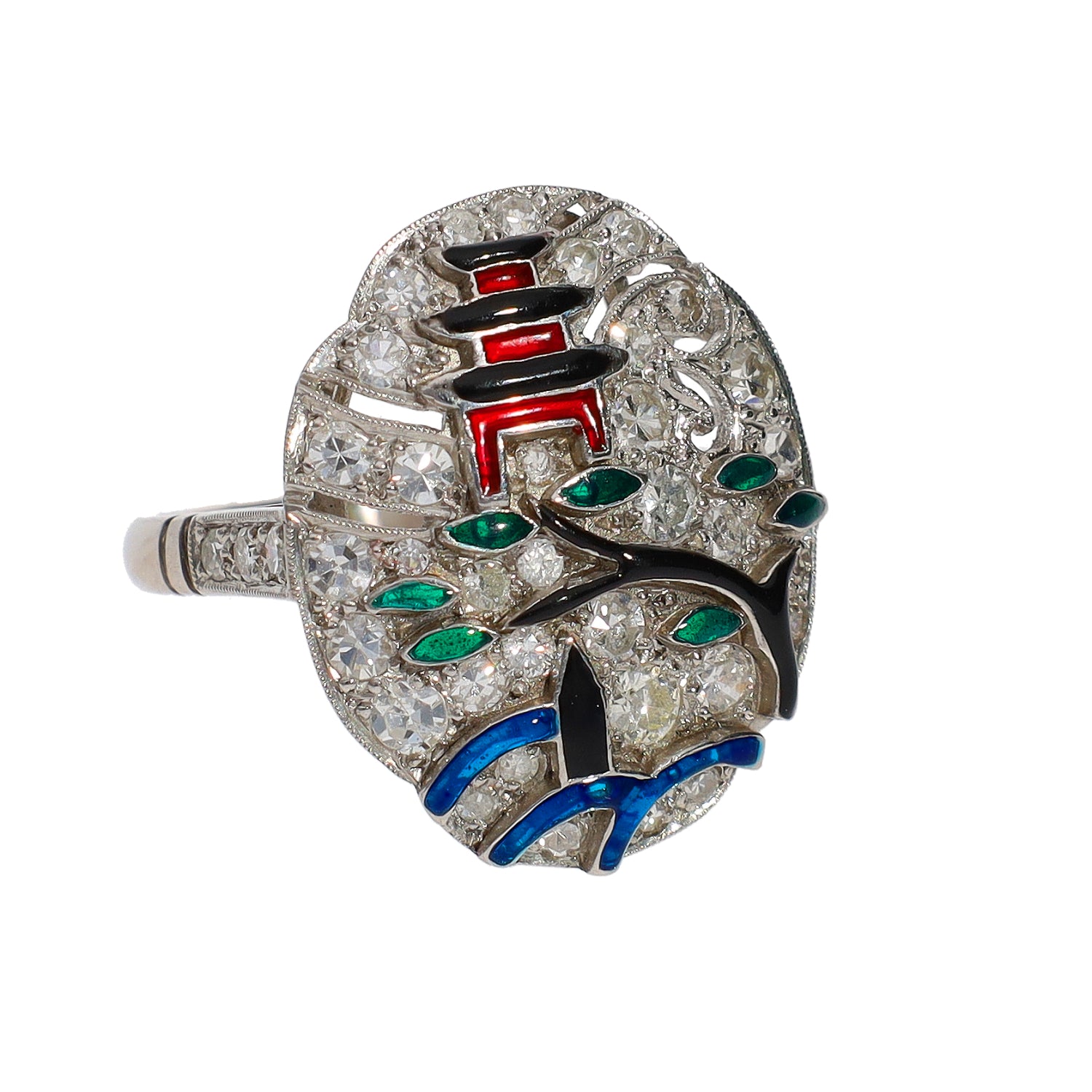 Asian Inspired Rings Platinum Pavé Diamond & Enamel Asian Inspired Design Fashion Ring – MWEB