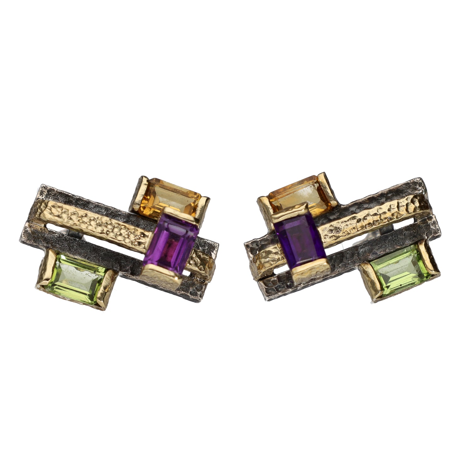 Bora Jewelry of Brooklyn Oxidized Sterling & Brass Earrings: Two of Citrine, Peridot, & Amethyst