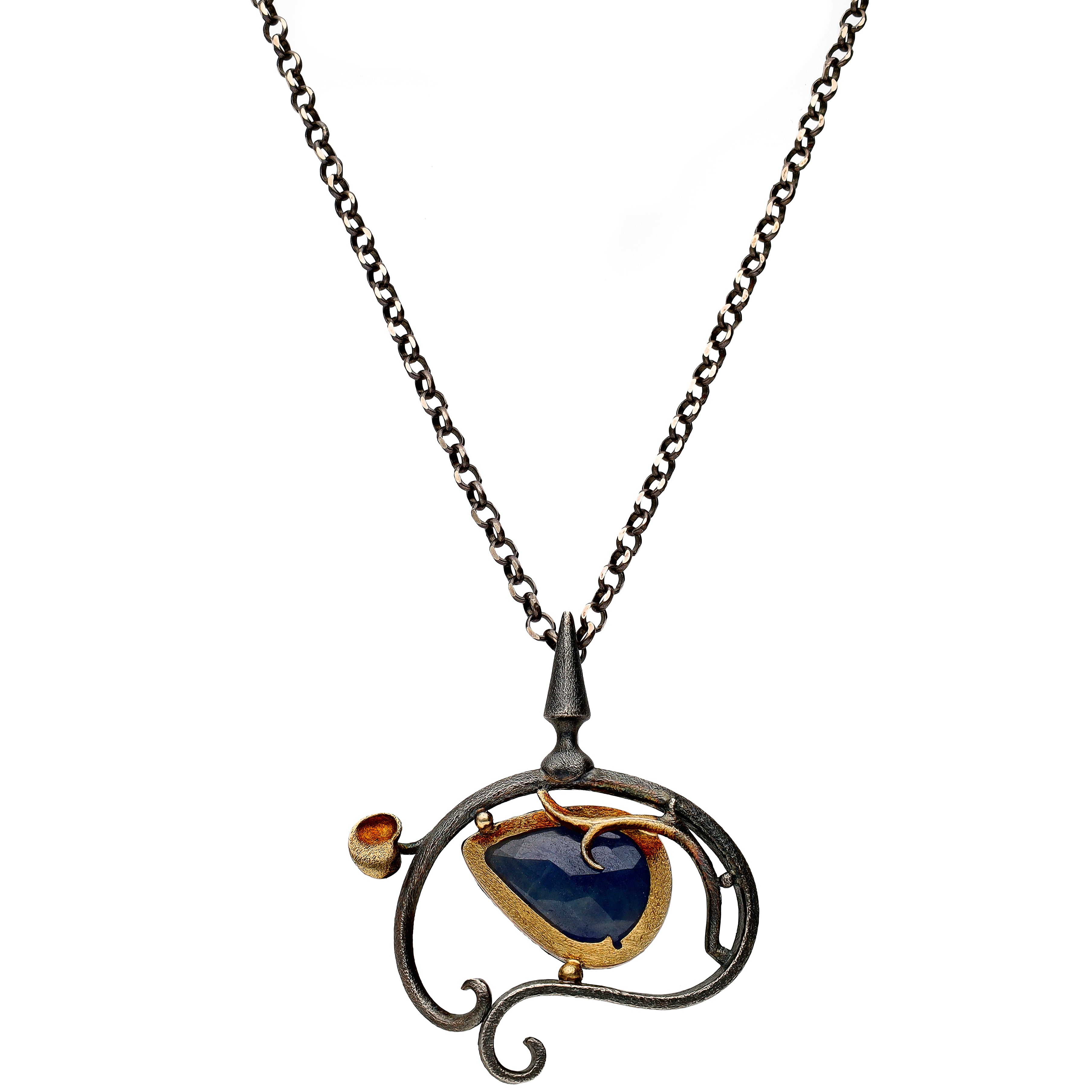 Bora Jewelry of Brooklyn Sterling Silver & Brass Necklace w/ Pear Shaped Sapphire