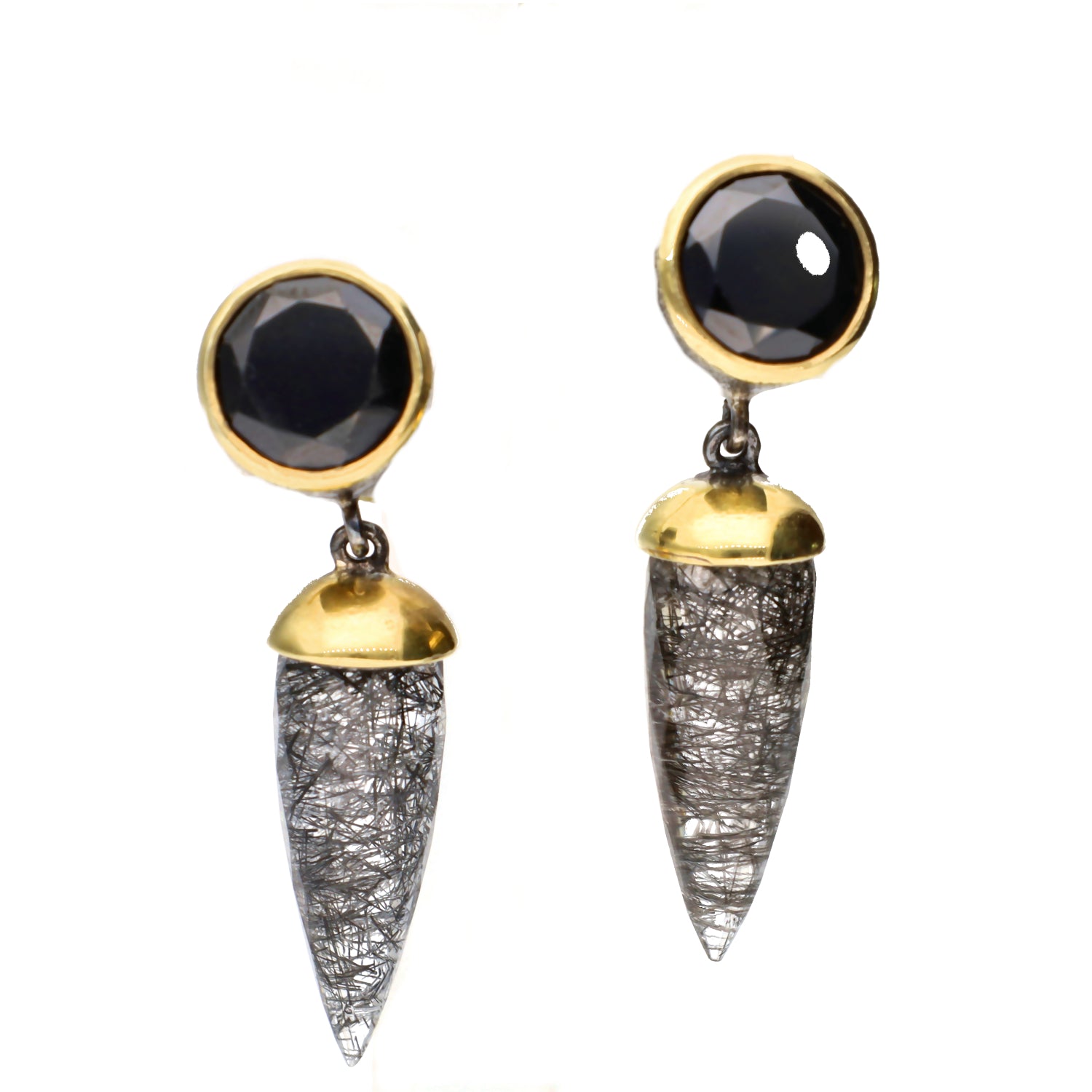Bora Jewelry of Brooklyn Sterling Silver Tourmalated Quartz & Round Black Onyx Drop Earrings