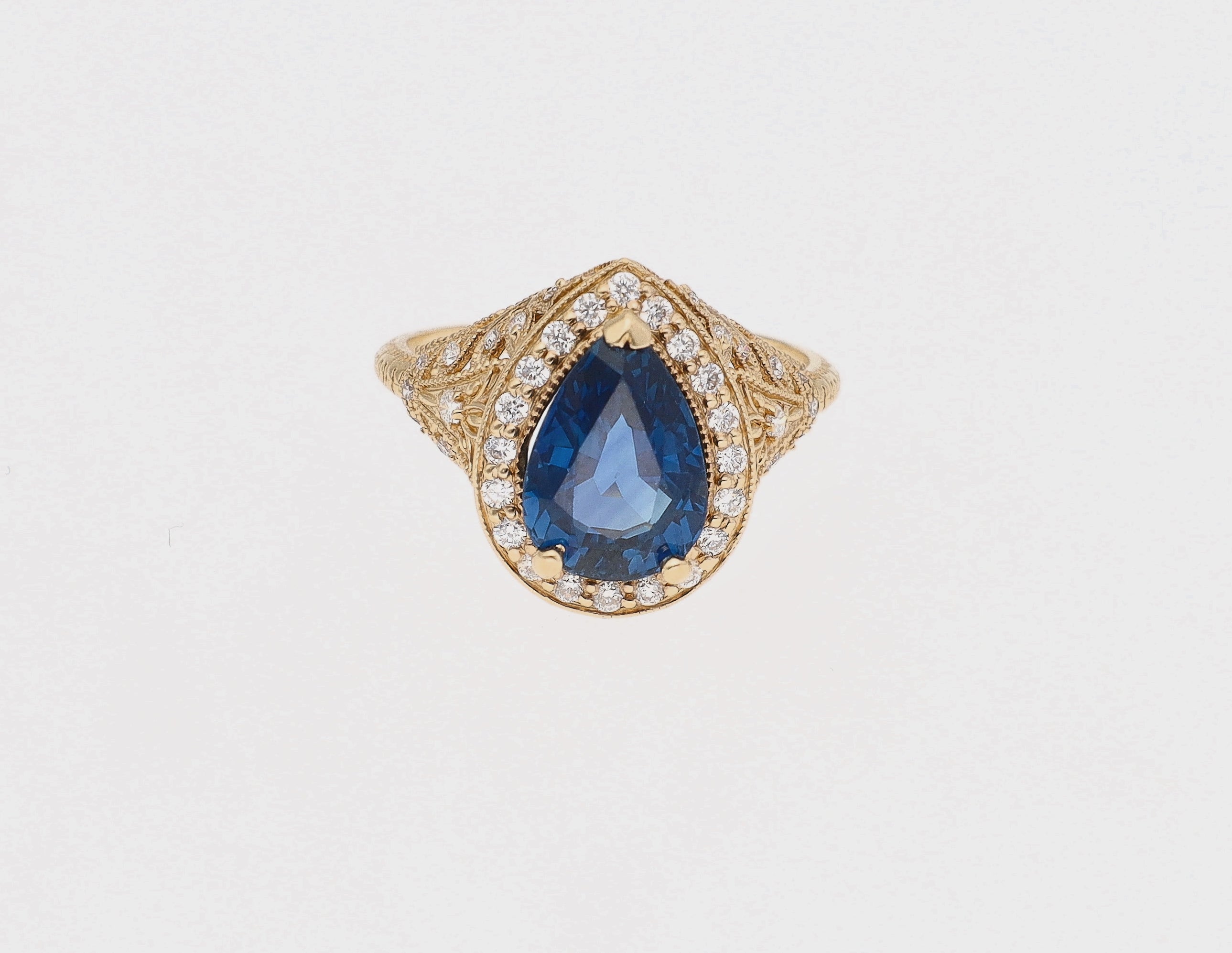 14K Yellow Gold Pear Shaped Sapphire and Diamond Ring
